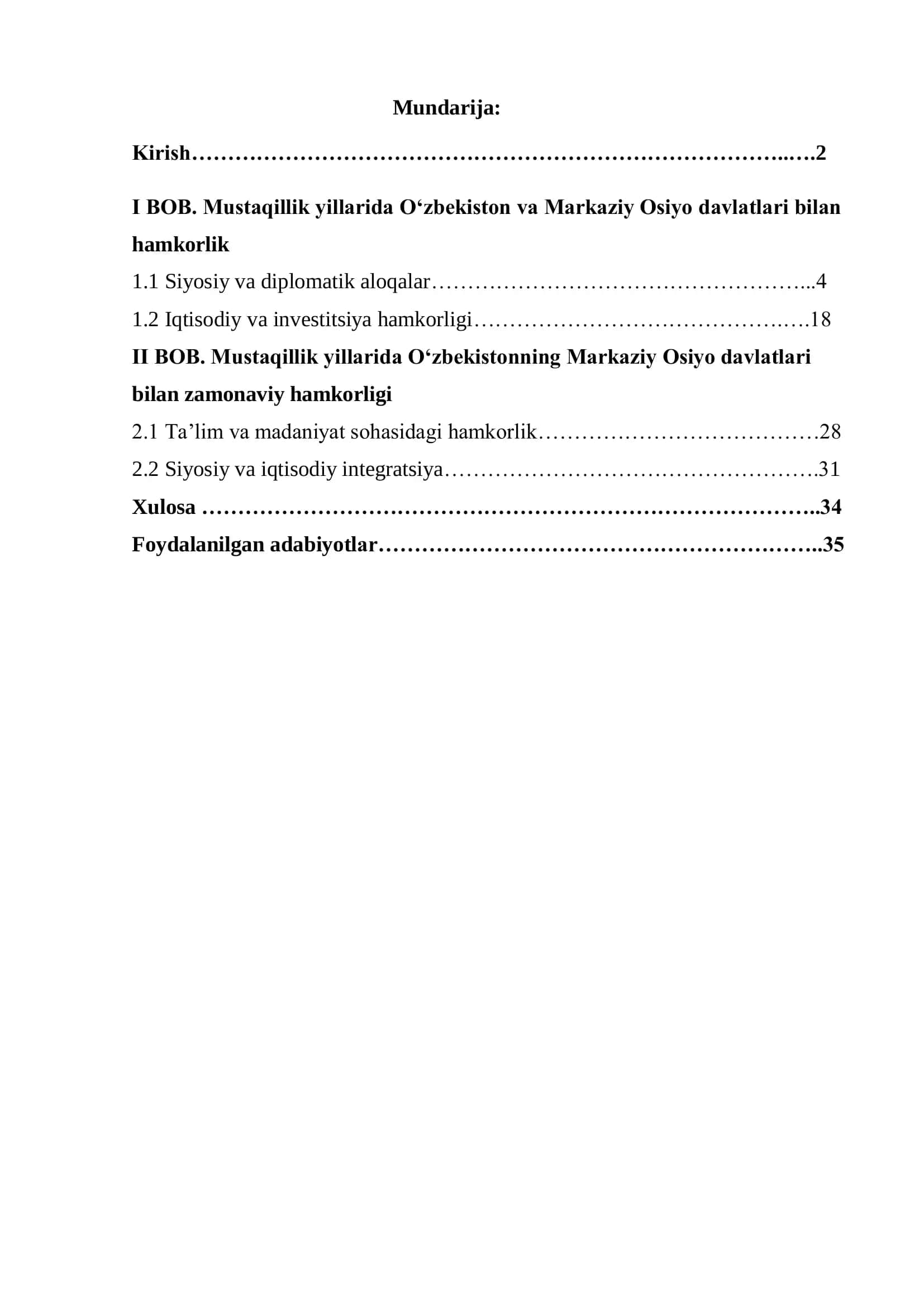 Mustaqillik yillarida O‘zbekiston va Markaziy Osiyo davlatlari bilan hamkorlik 1