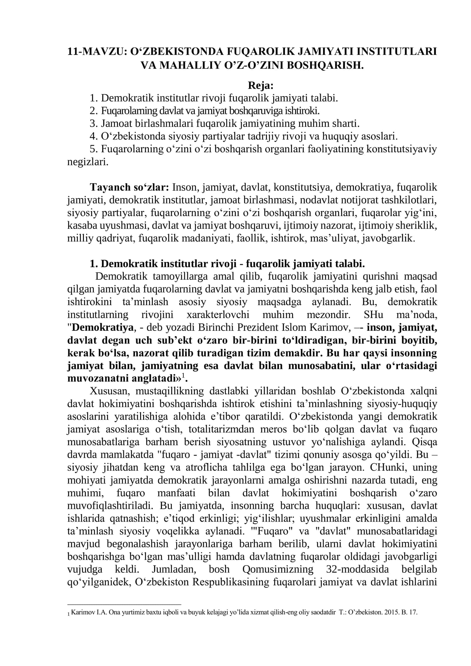O‘ZBEKISTONDA FUQAROLIK JAMIYATI INSTITUTLARI VA MAHALLIY O’Z-O’ZINI BOSHQARISH 1