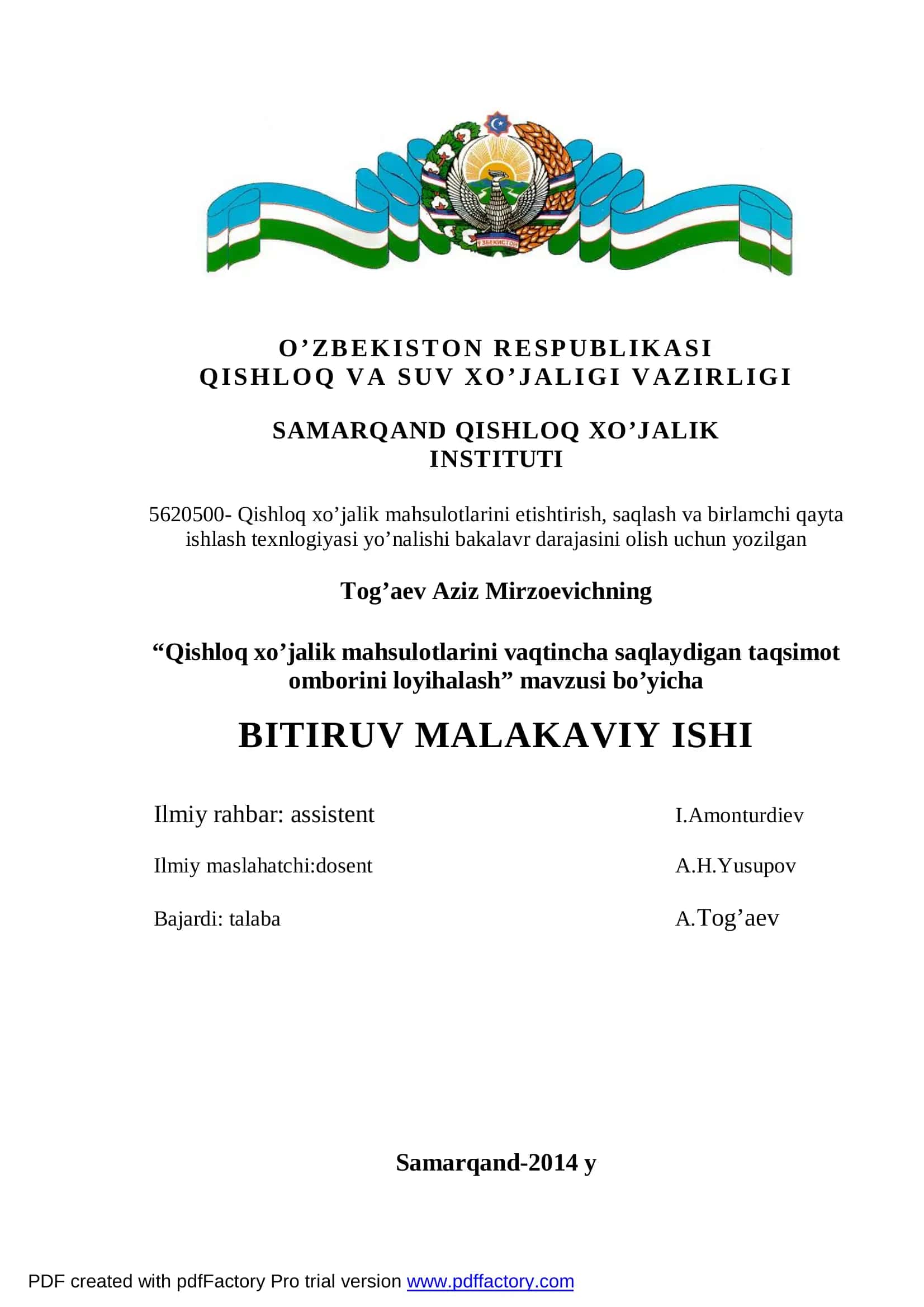 "Qishloq xo’jalik mahsulotlarini vaqtincha saqlaydigan taqsimot omborini loyihalash" 1