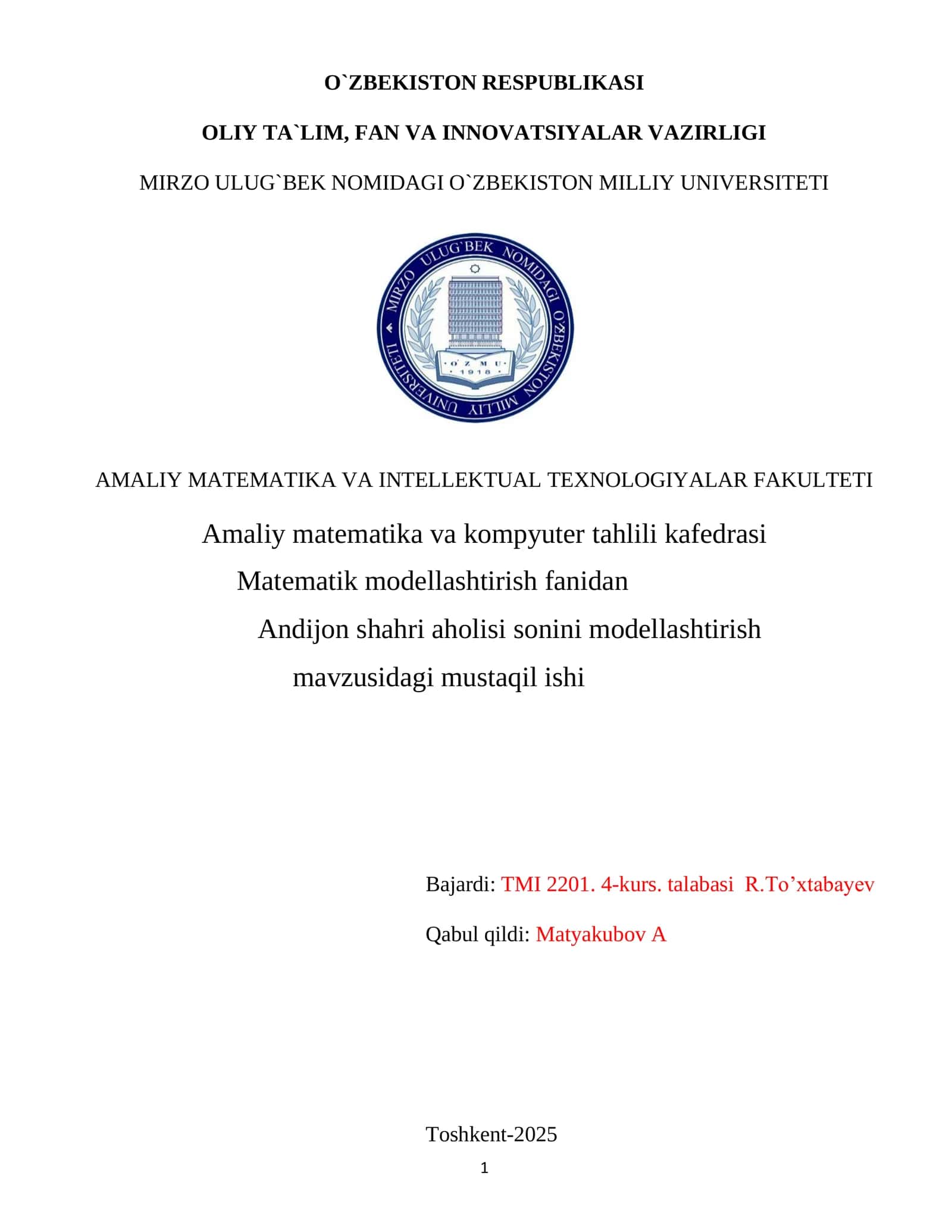 Andijon shahri aholisi sonini modellashtirish 1