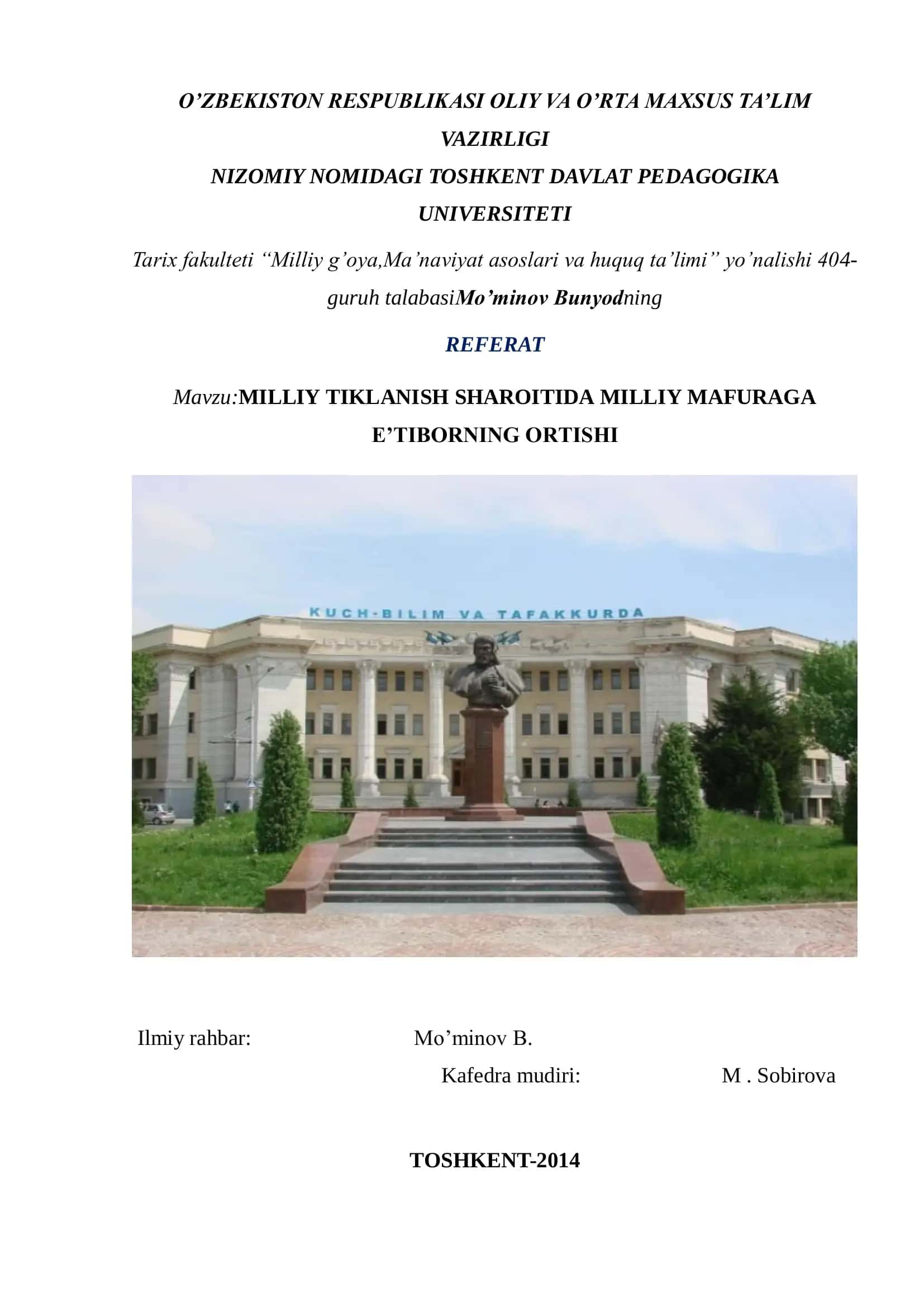 MILLIY TIKLANISH SHAROITIDA MILLIY MAFURAGA E’TIBORNING ORTISHI 1