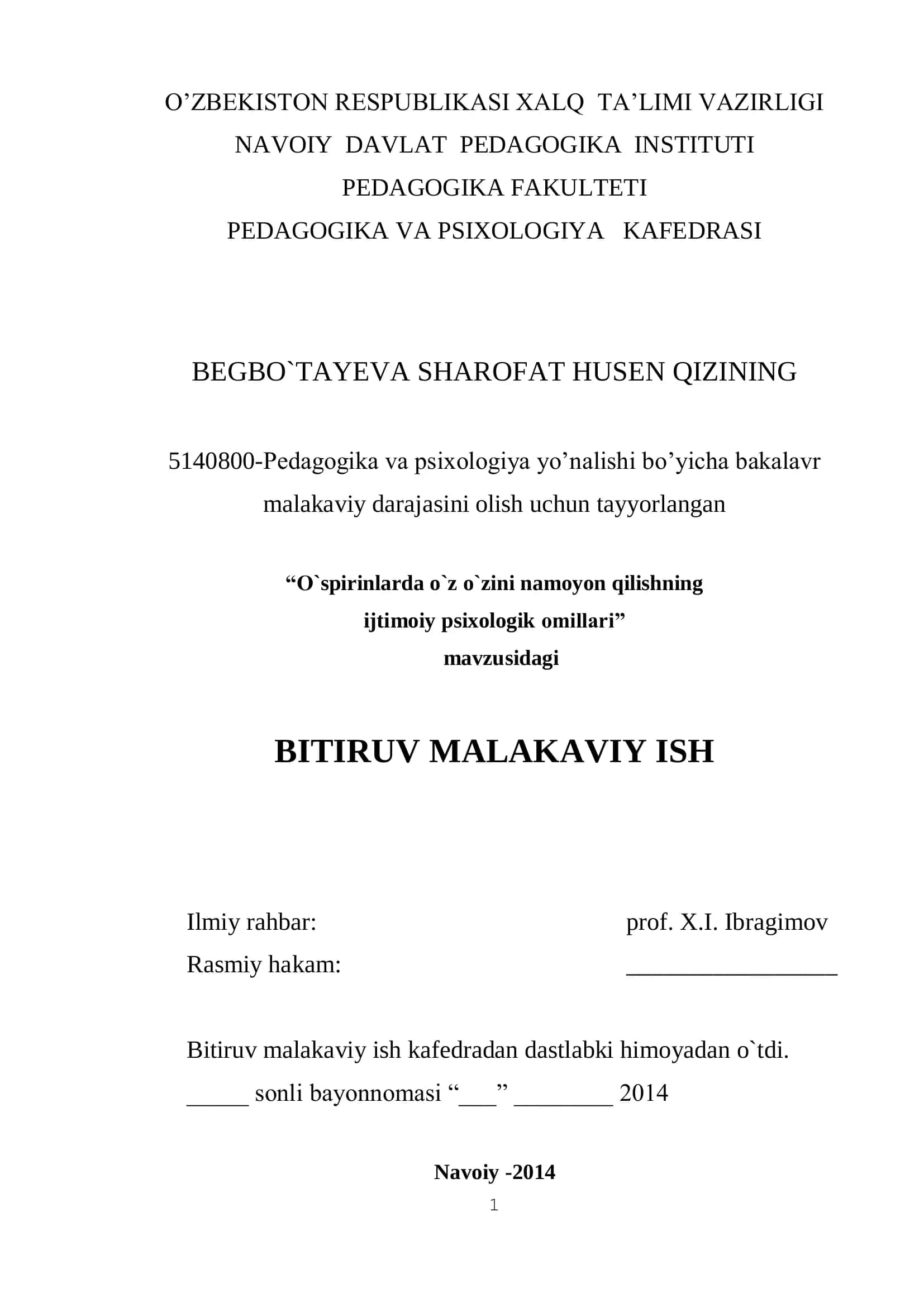 O`spirinlarda o`z o`zini namoyon qilishning ijtimoiy psixologik omillari 1