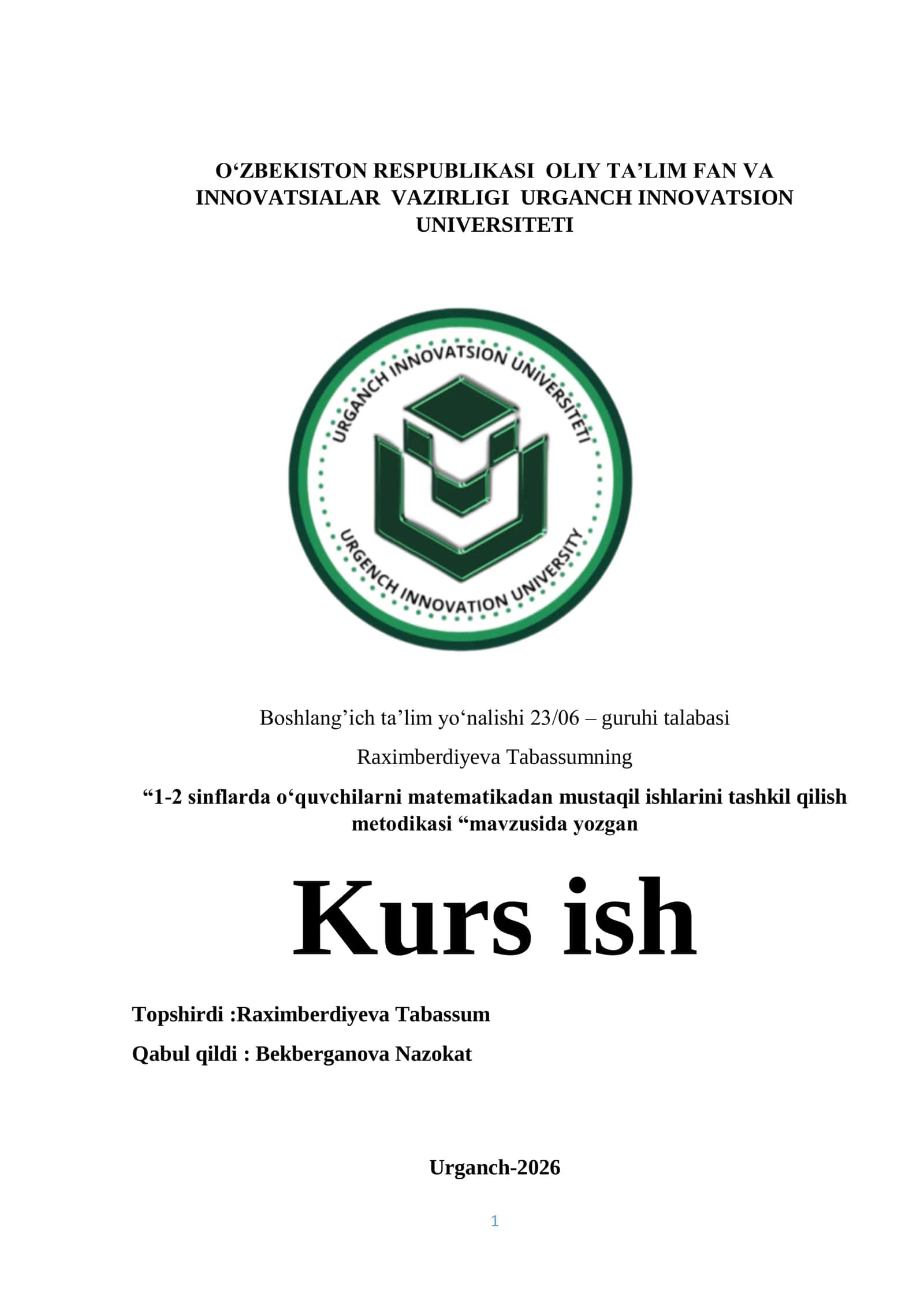 1-2 sinflarda o‘quvchilarni matematikadan mustaqil ishlarini tashkil qilish 1