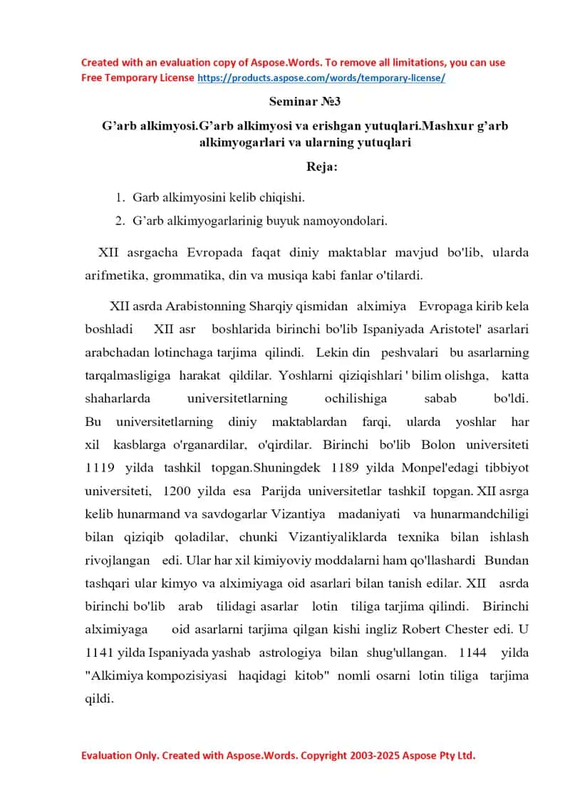 Seminar №3: G’arb alkimyosi va erishgan yutuqlari 1