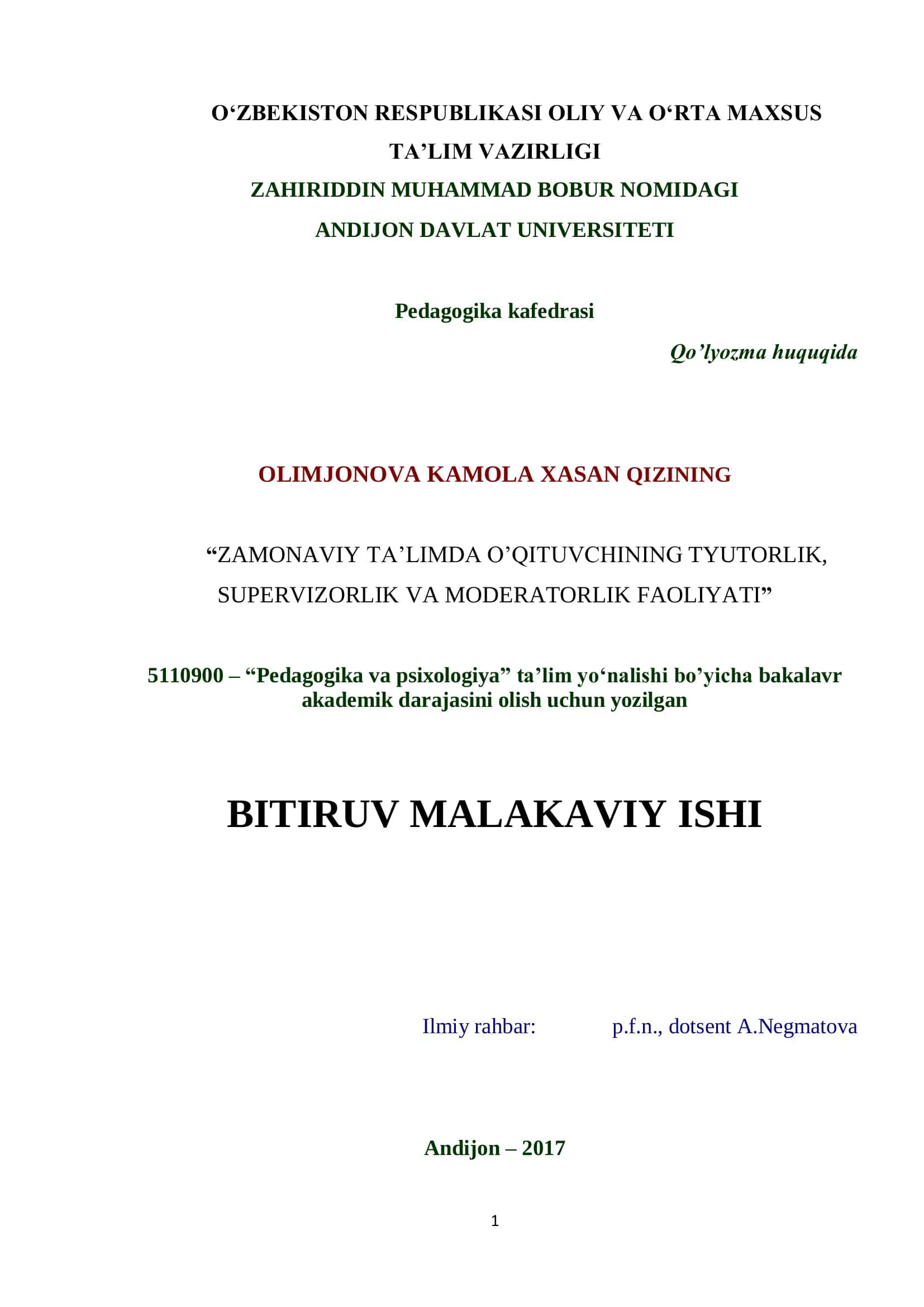 ZAMONAVIY TA’LIMDA O’QITUVCHINING TYUTORLIK, SUPERVIZORLIK VA MODERATORLIK FAOLIYATI 1