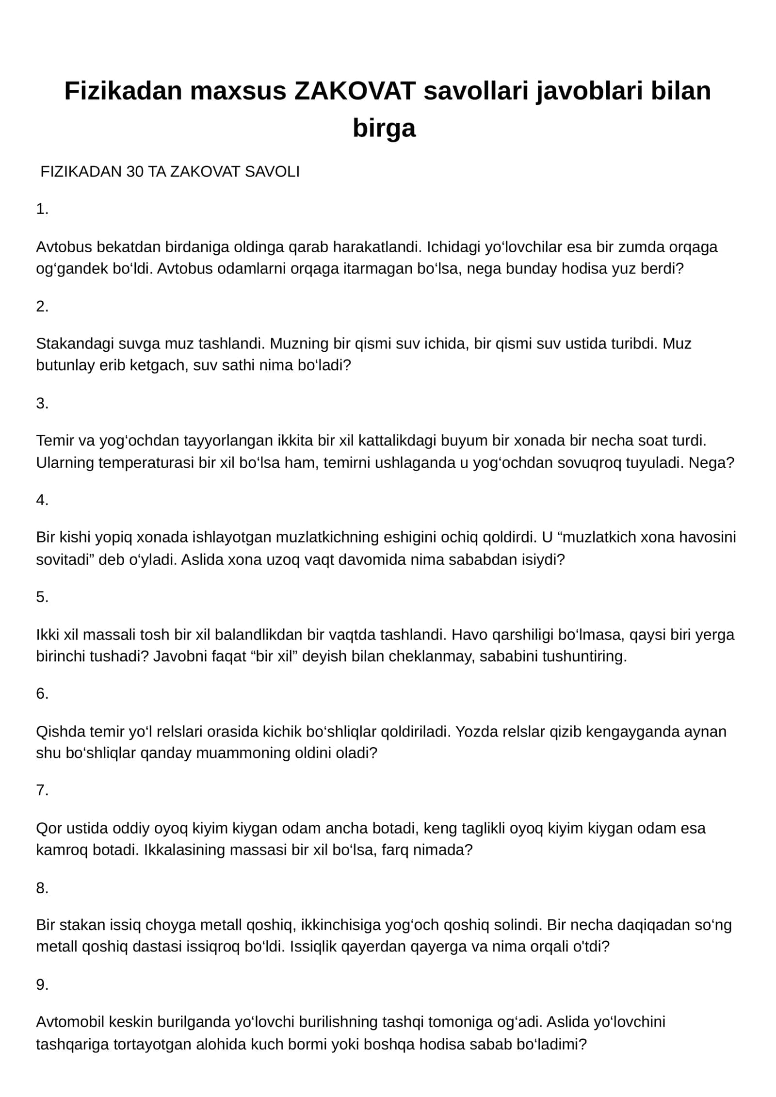 Fizikadan maxsus ZAKOVAT savollari javoblari bilan birga 1