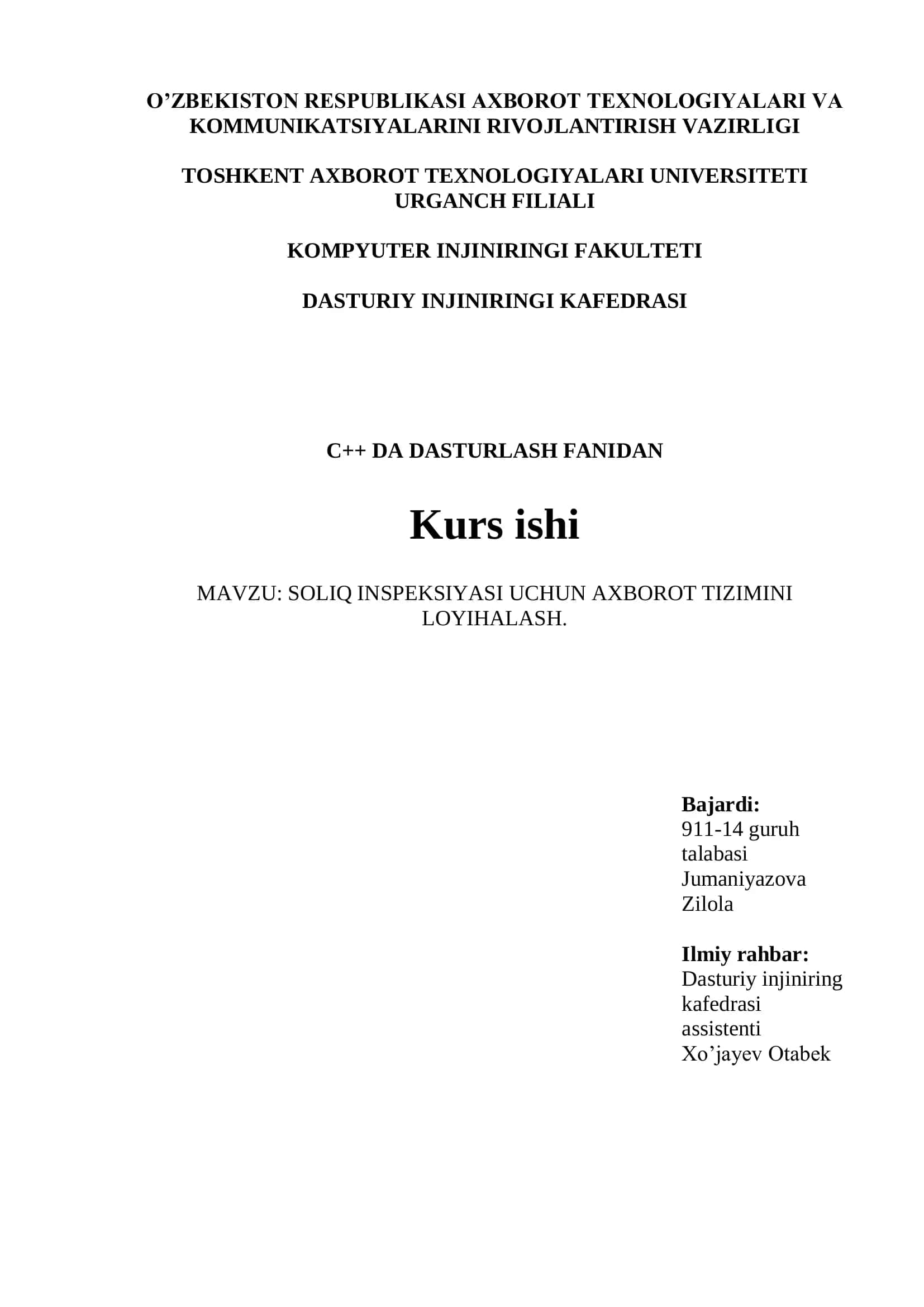 SOLIQ INSPEKSIYASI UCHUN AXBOROT TIZIMINI LOYIHALASH 1