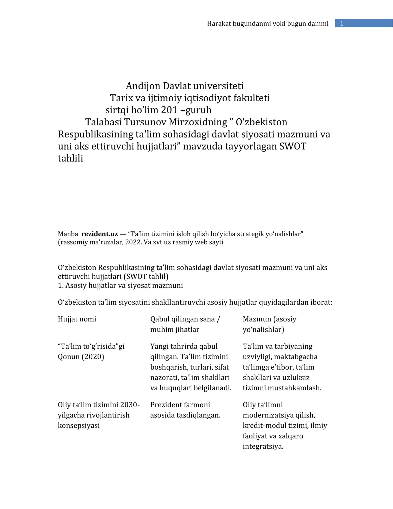 O‘zbekiston Respublikasining ta’lim sohasidagi davlat siyosati mazmuni va uni aks ettiruvchi hujjatlari (SWOT tahlil) 1