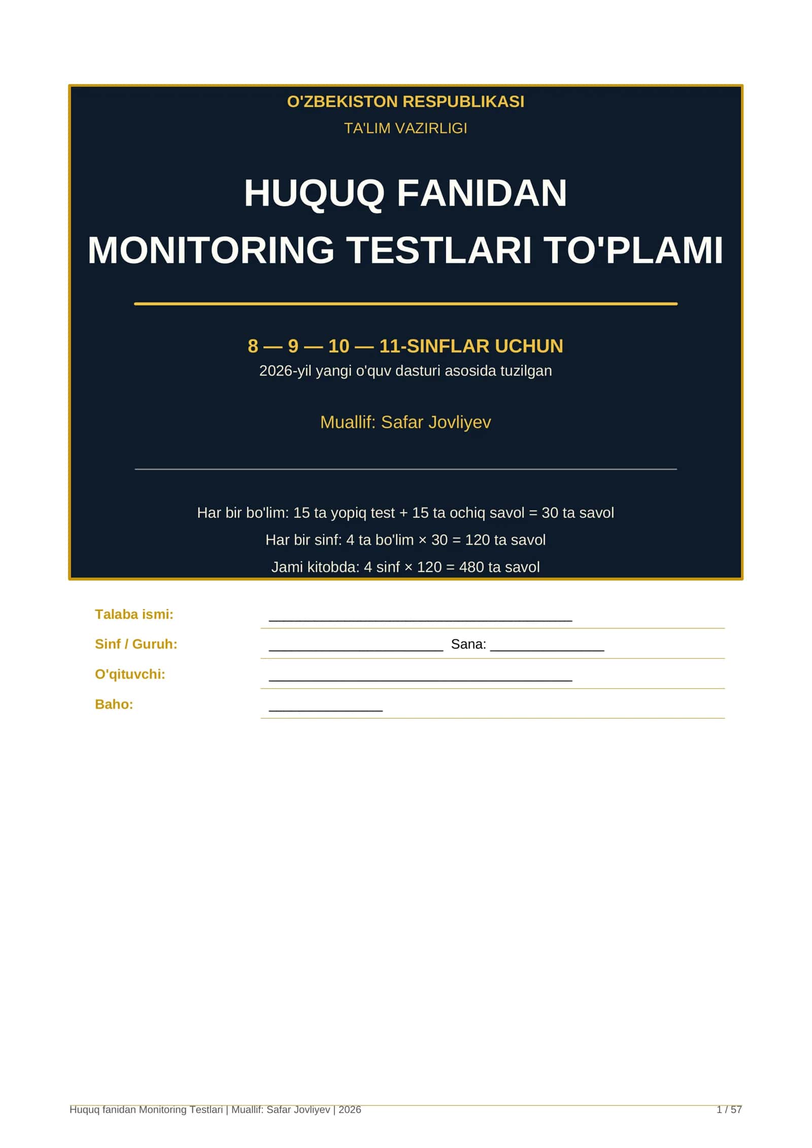HUQUQ FANIDAN MONITORING TESTLARI TO'PLAMI 1