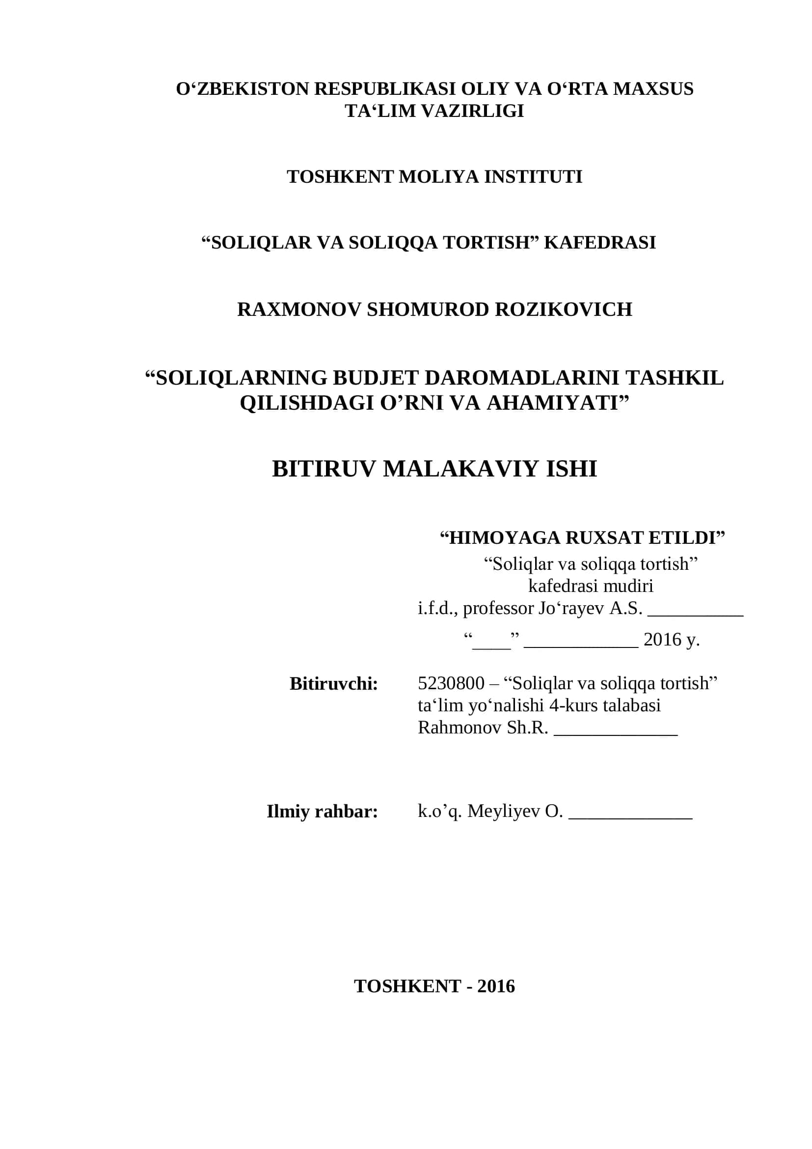 SOLIQLAR VA SOLIQQA TORTISH. BUDJET DAROMADLARINI TASHKIL QILISHDAGI O’RNI VA AHAMIYATI 1