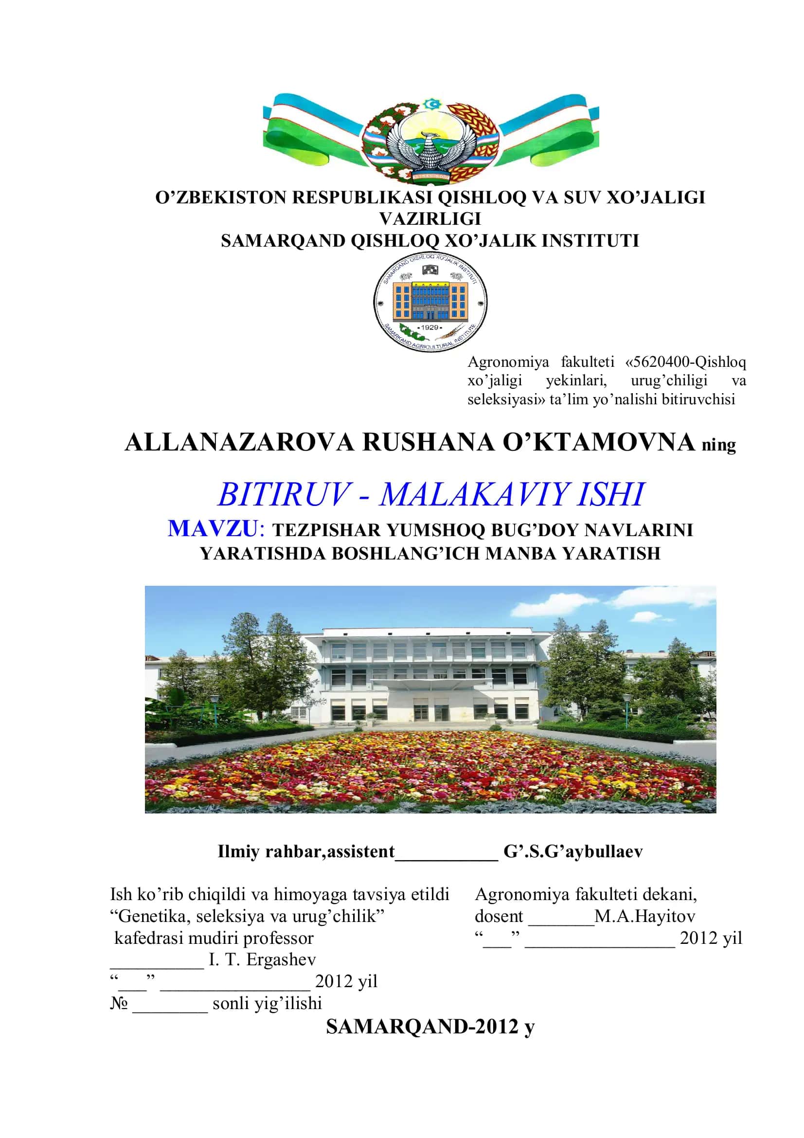 TEZPISHAR YUMSHOQ BUG’DOY NAVLARINI YARATISHDA BOSHLANG’ICH MANBA YARATISH 1