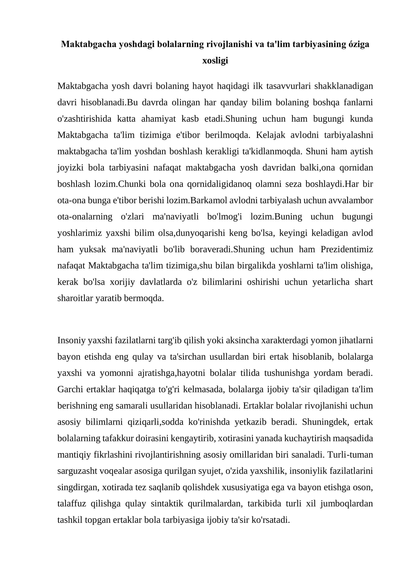 Maktabgacha yoshdagi bolalarning rivojlanishi va ta'lim tarbiyasining óziga xosligi 1