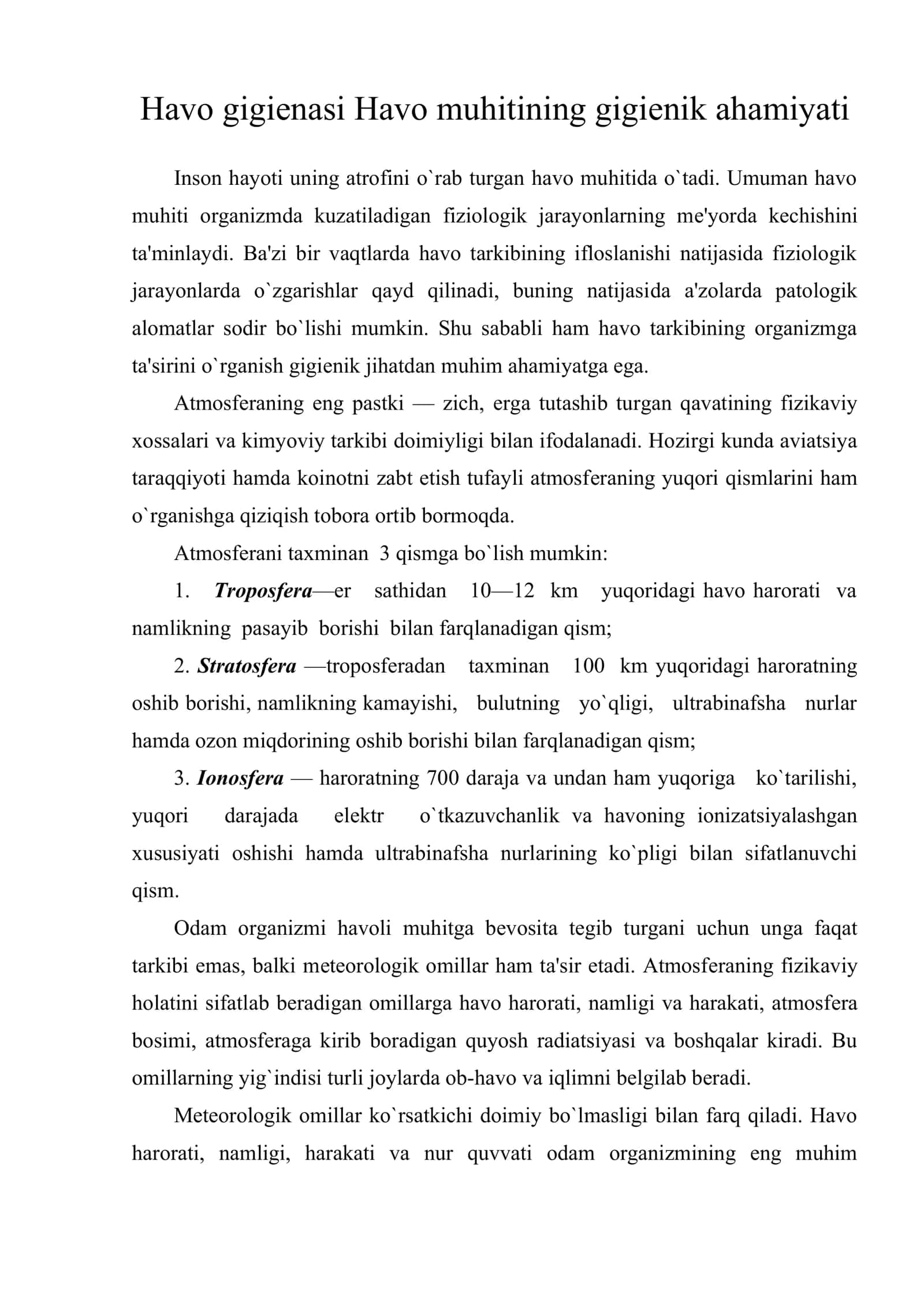 Havo gigiyenasi Havo muhitining gigiyenik ahamiyati 1