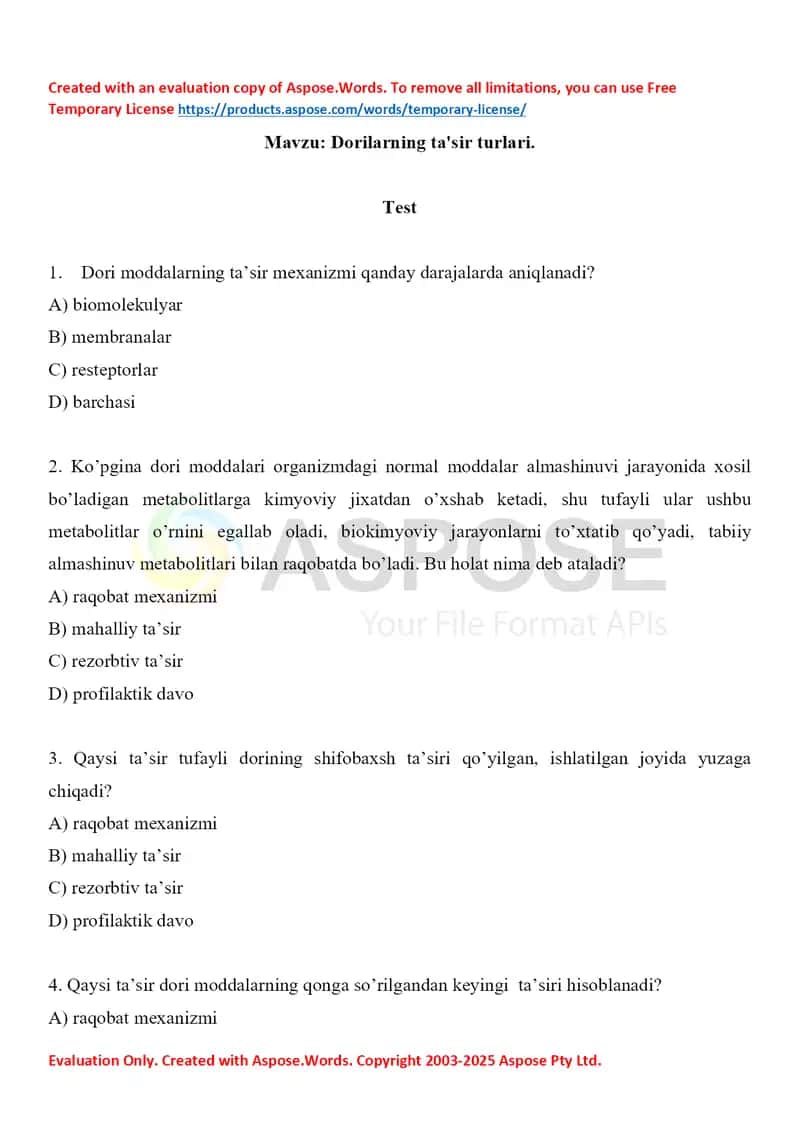 Dorilarning ta'sir turlari. Test 10 ta, javobli. 1