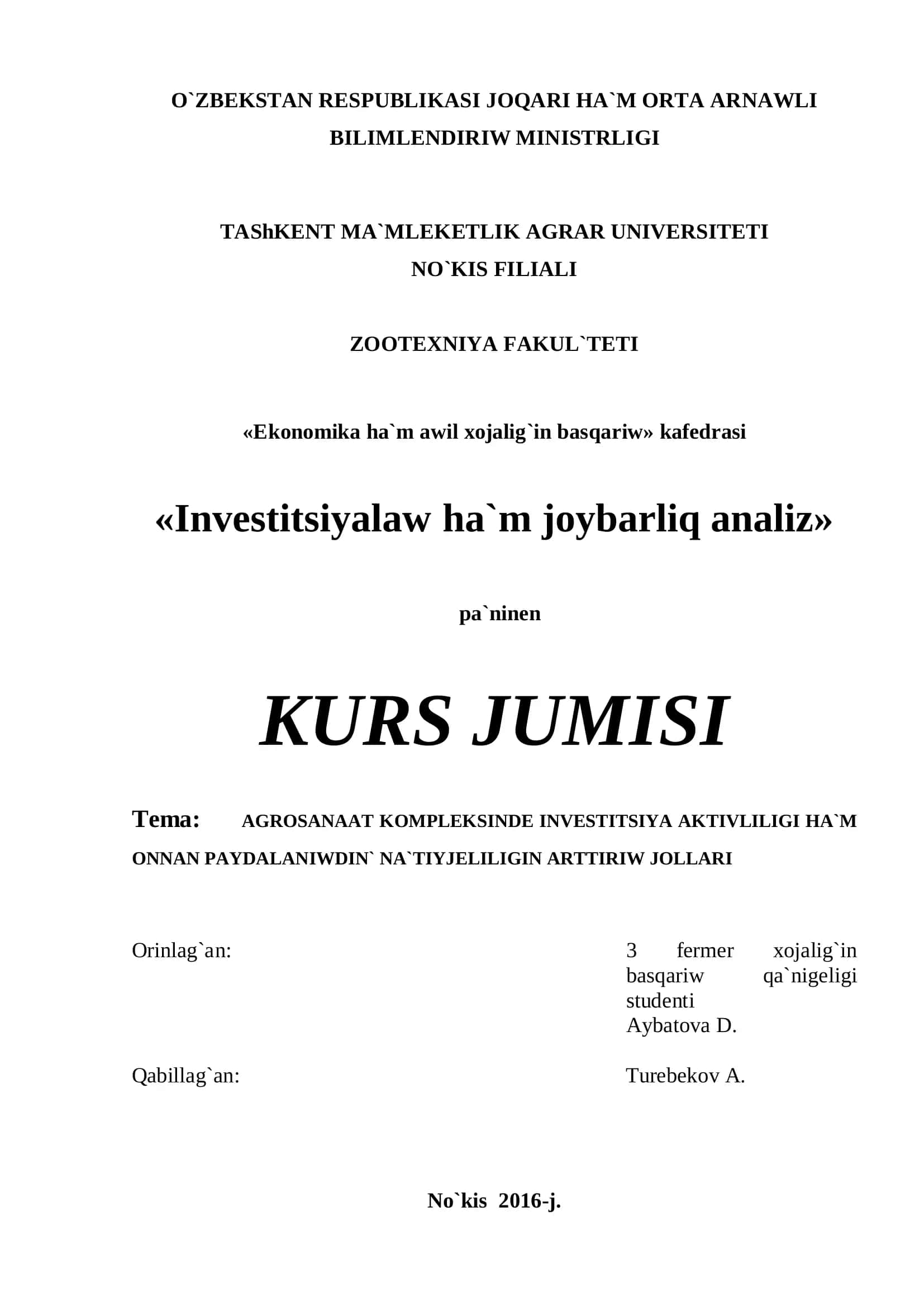 AGROSANAAT KOMPLEKSINDE INVESTITSIYA AKTIVLILIGI HA`M ONNAN PAYDALANIWDIN` NA`TIYJELILIGIN ARTTIRIW JOLLARI 1