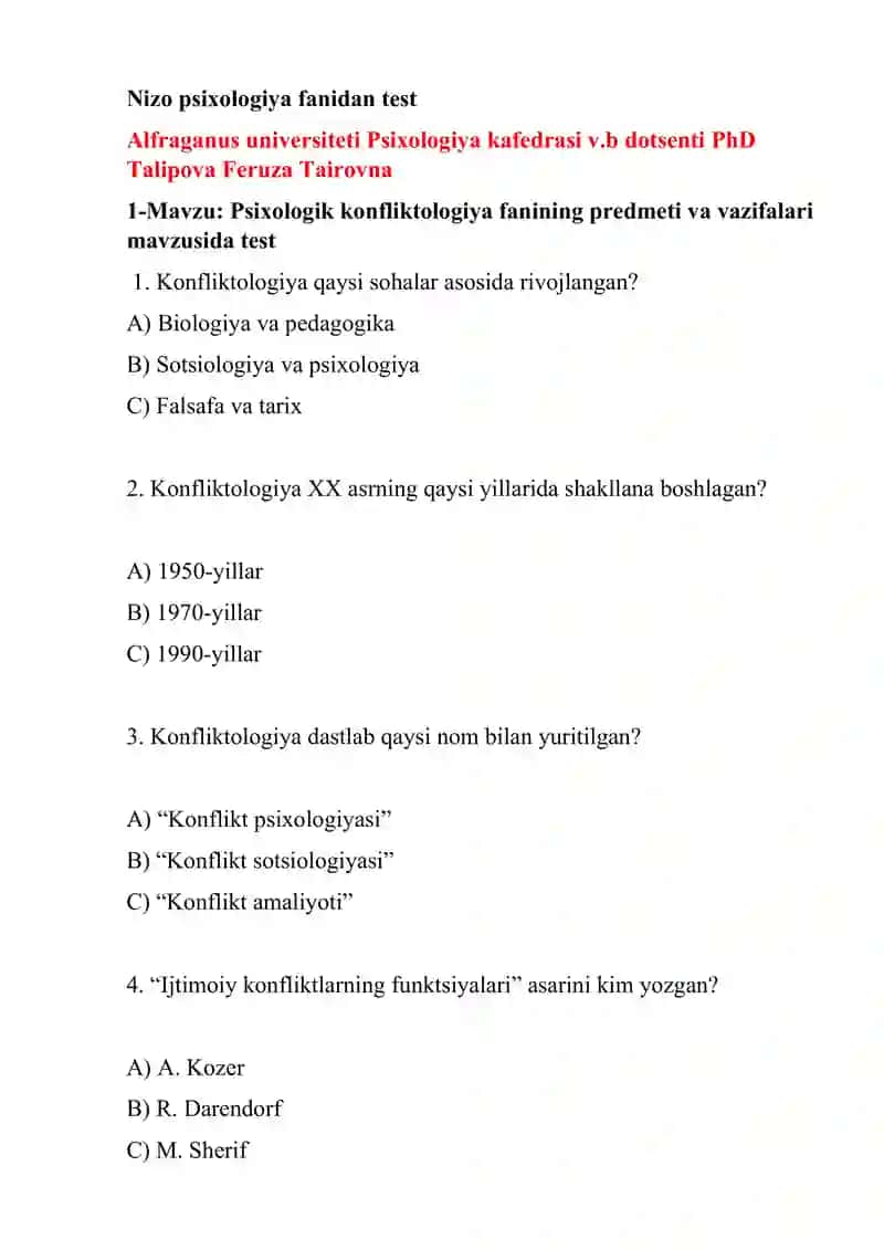 Psixologik konfliktologiya fanidan test