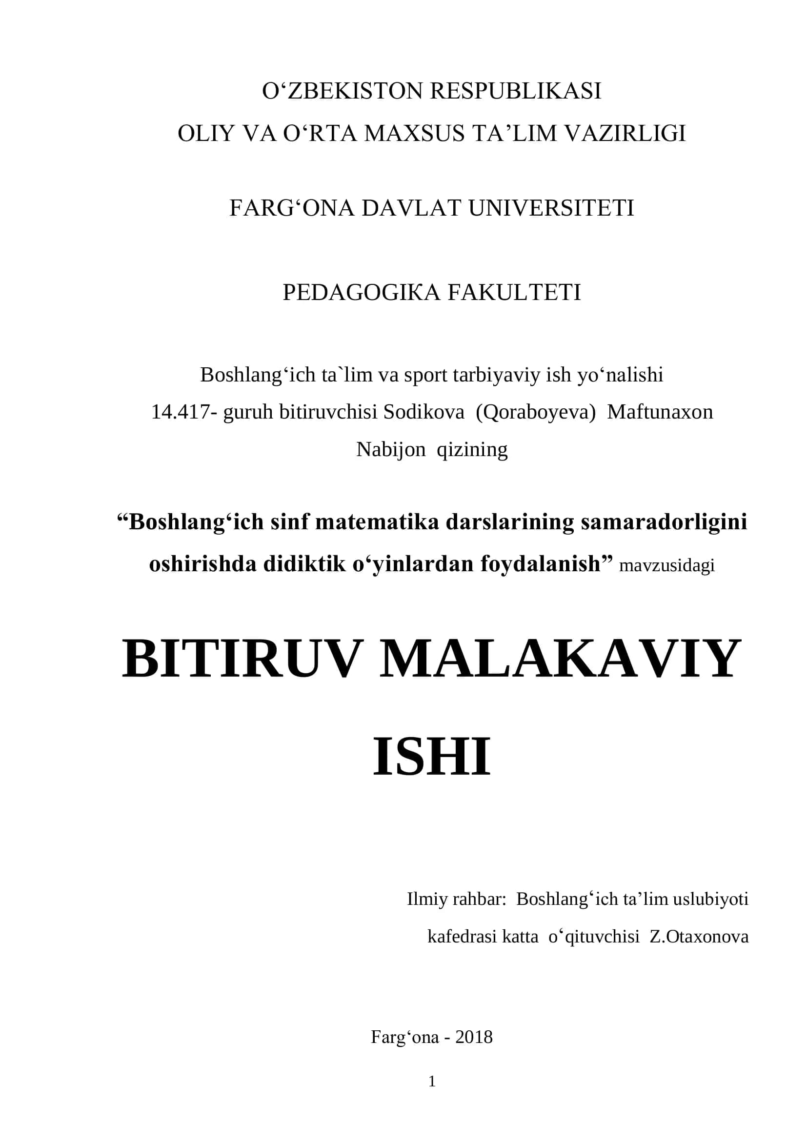 "Boshlang‗ich sinf matematika darslarining samaradorligini oshirishda didiktik o„yinlardan foydalanish” mavzusidagi BITIRUV MALAKAVIY ISHI 1