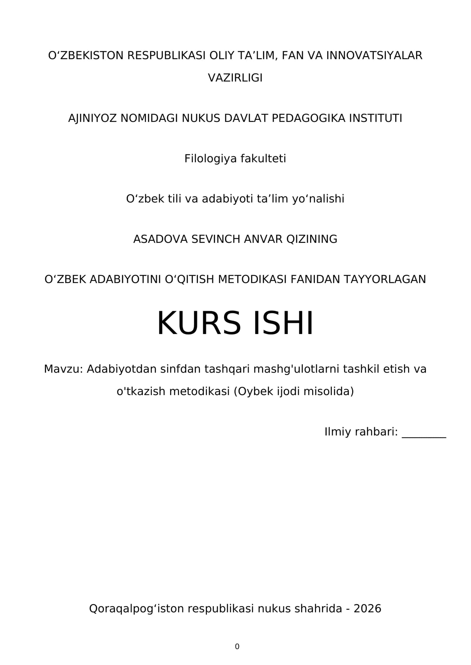OʻZBEK ADABIYOTINI OʻQITISH METODIKASI FANIDAN TAYYORLAGAN KURS ISHI 1