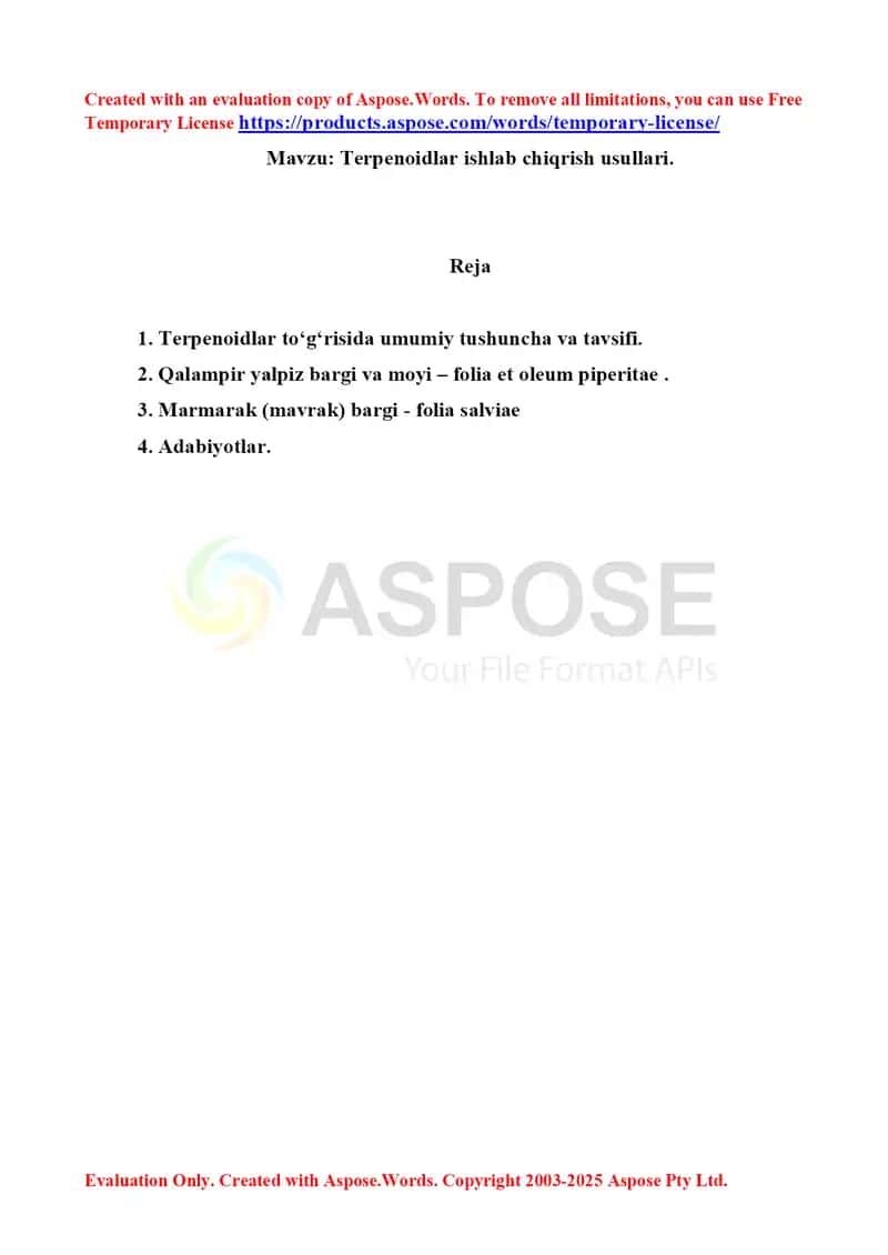 11. Terpenoidlar ishlab chiqarish usullari. Referat 5 bet. 1