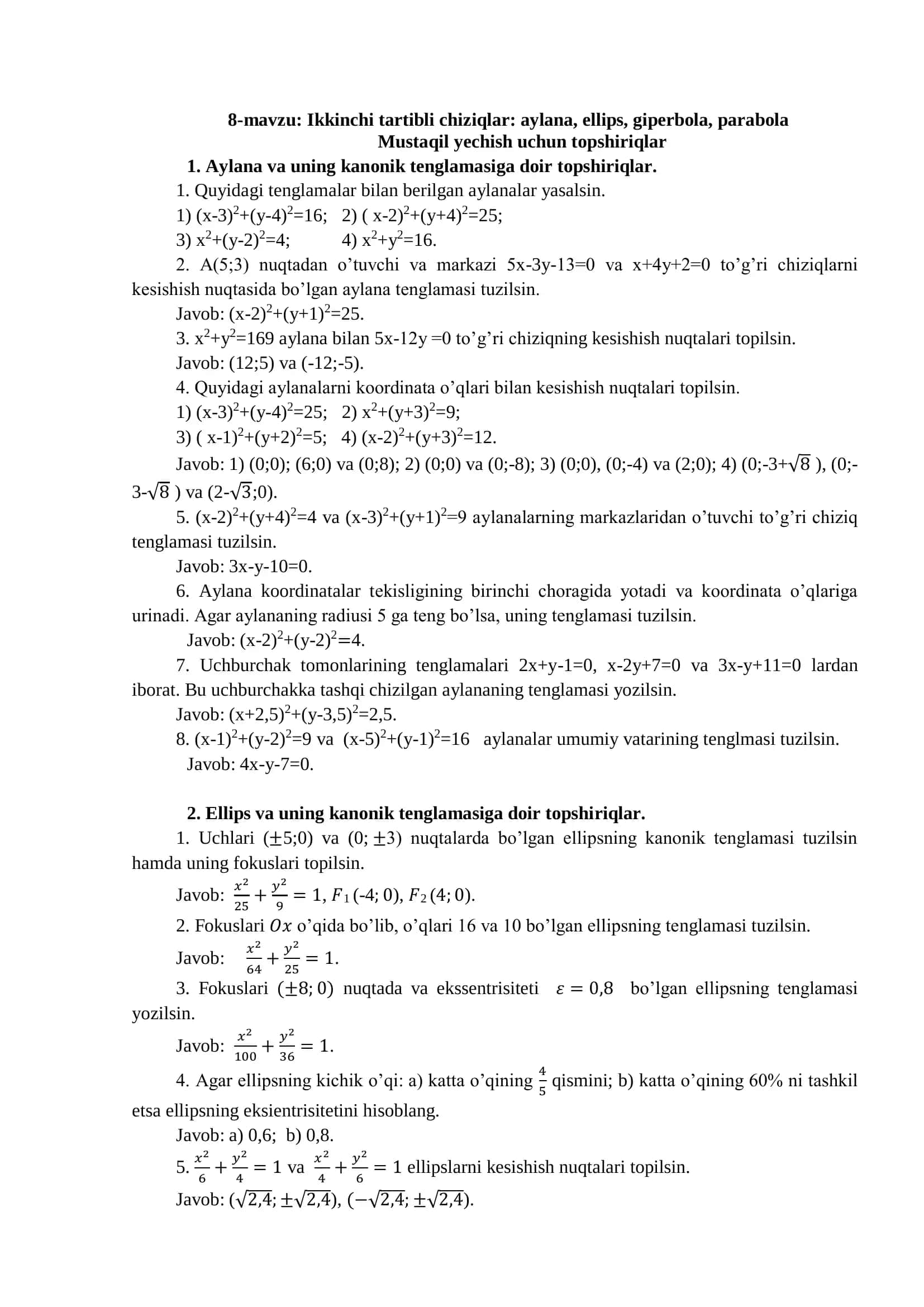 Ikkinchi tartibli chiziqlar: aylana, ellips, giperbola, parabola 1