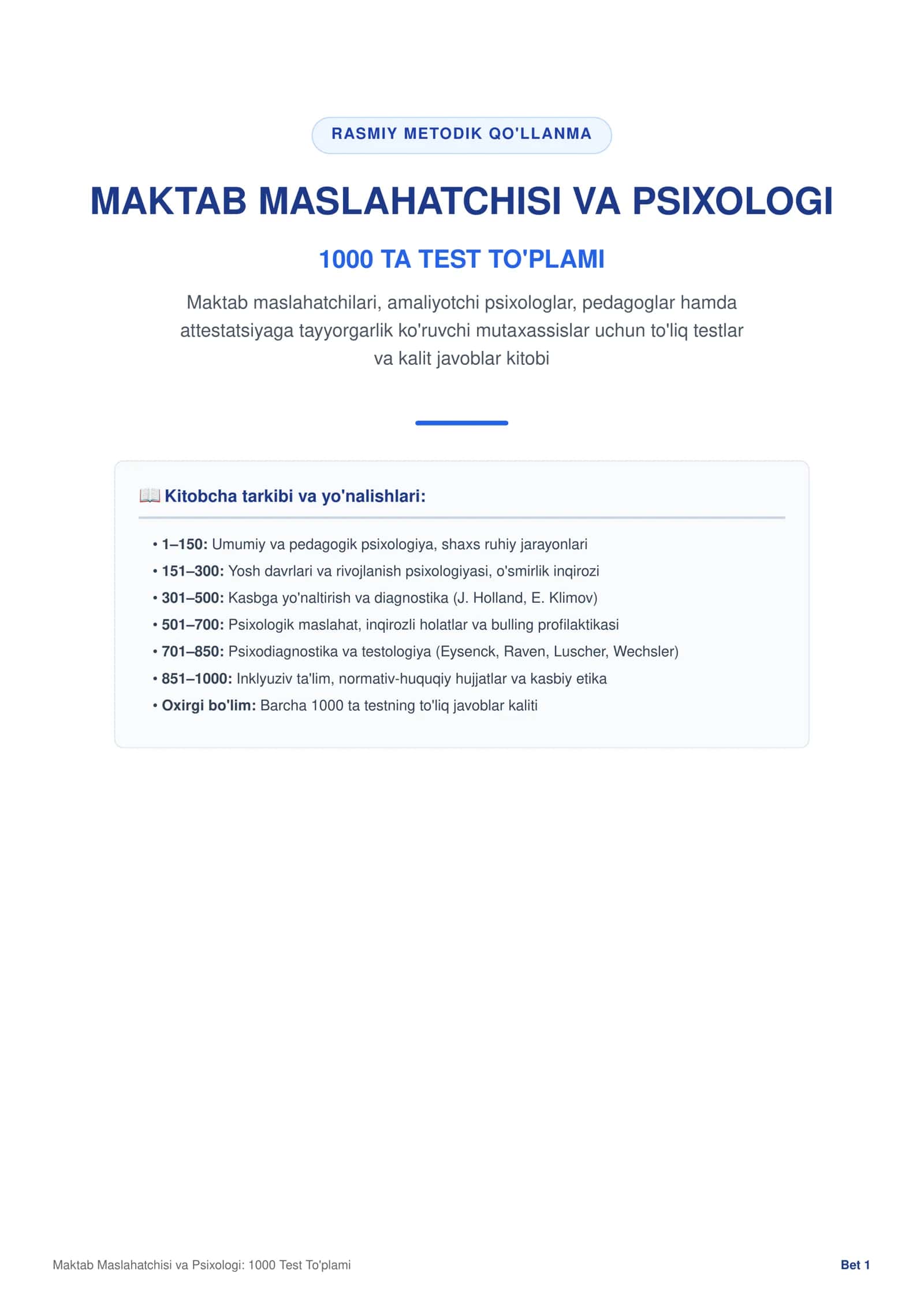 Maktab maslaxatchisi 1000 ta test 1