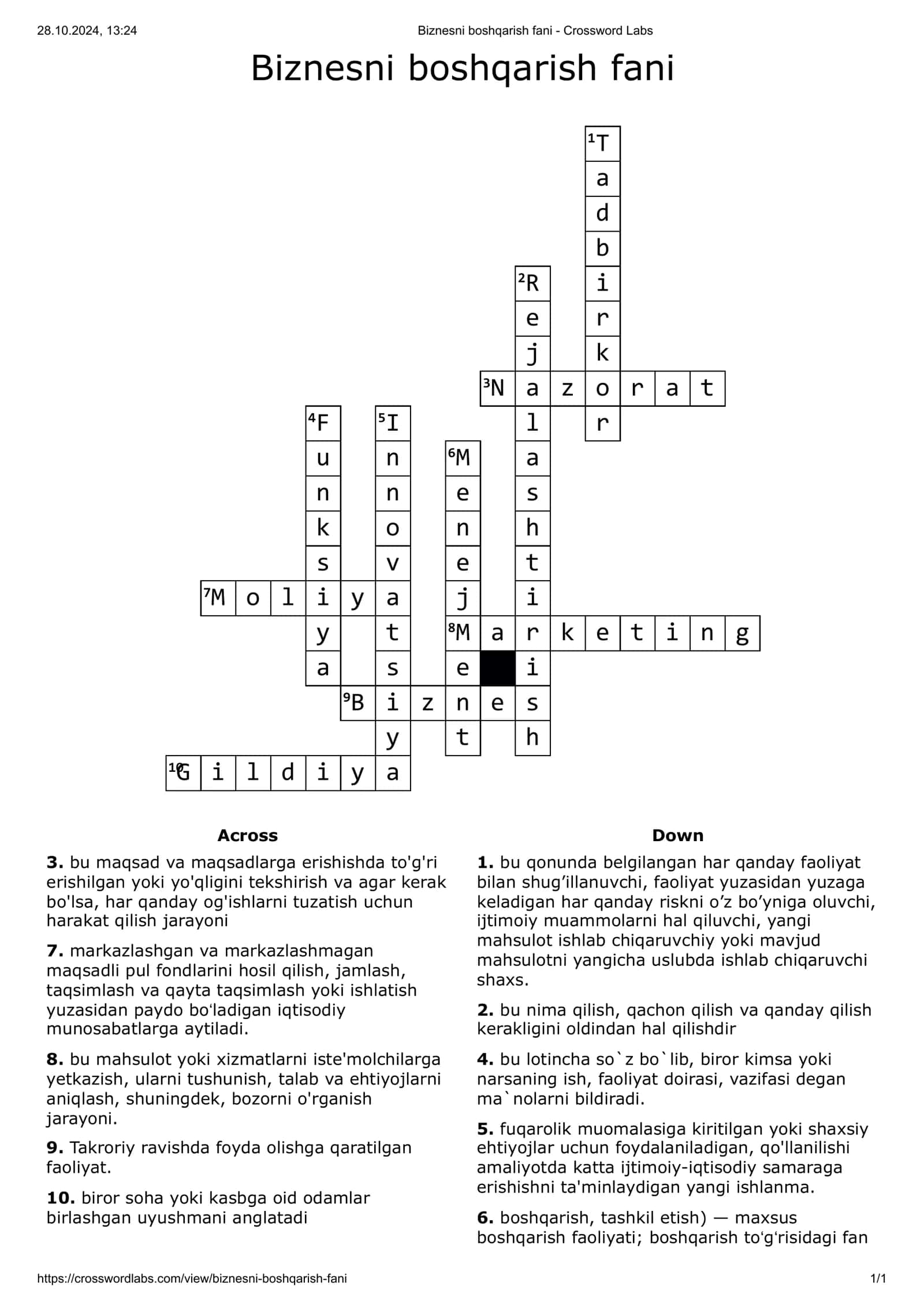 Biznesni boshqarish 1-Crossword javobi 1