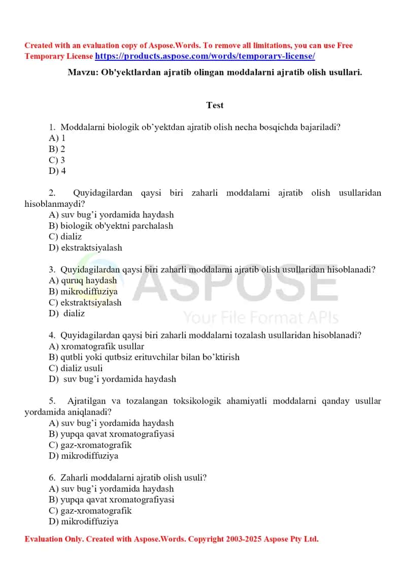 13. Ob'yektlardan ajratib olingan moddalarni ajratib olish usullari. Test, 10 ta. 1