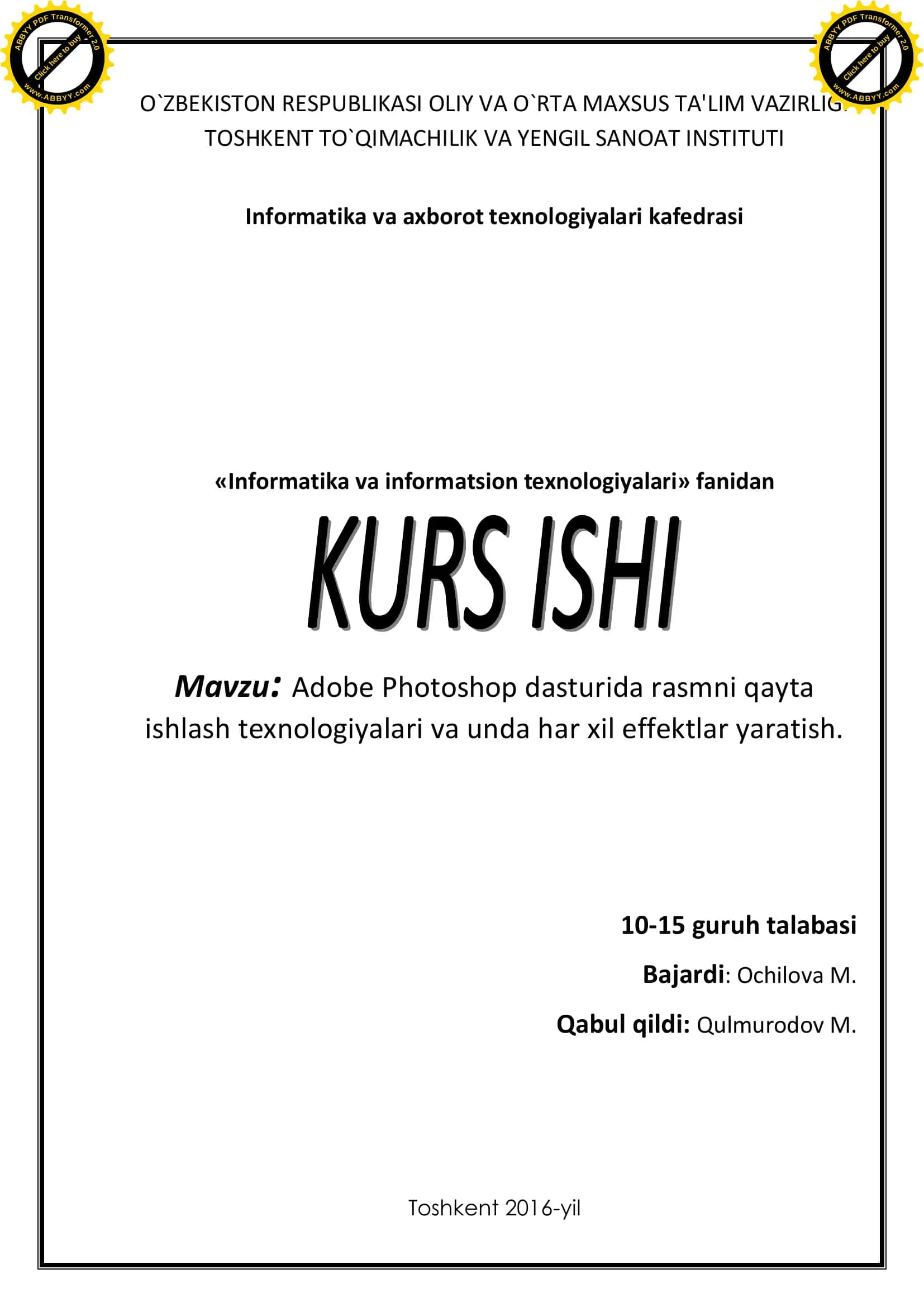 Adobe Photoshop dasturida rasmni qayta ishlash texnologiyalari va unda har xil effektlar yaratish 1