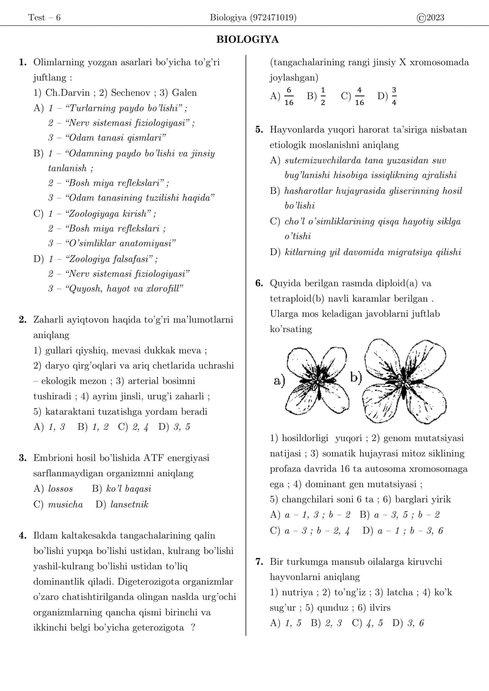Test – 6 Biologiya 1