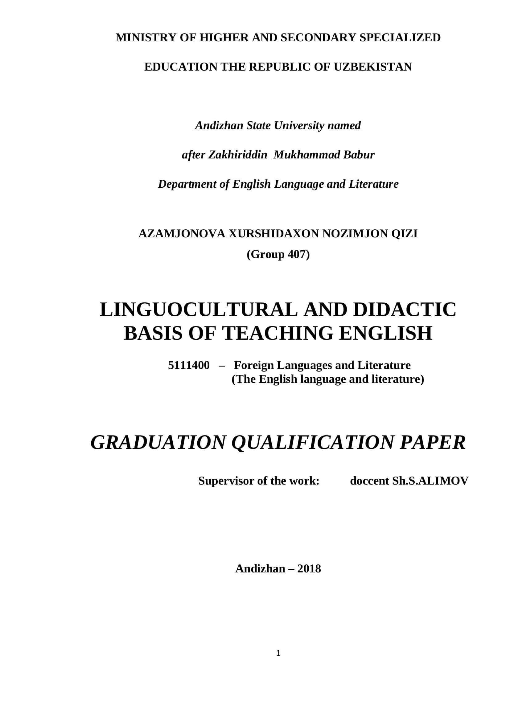 LINGUOCULTURAL AND DIDACTIC BASIS OF TEACHING ENGLISH 1