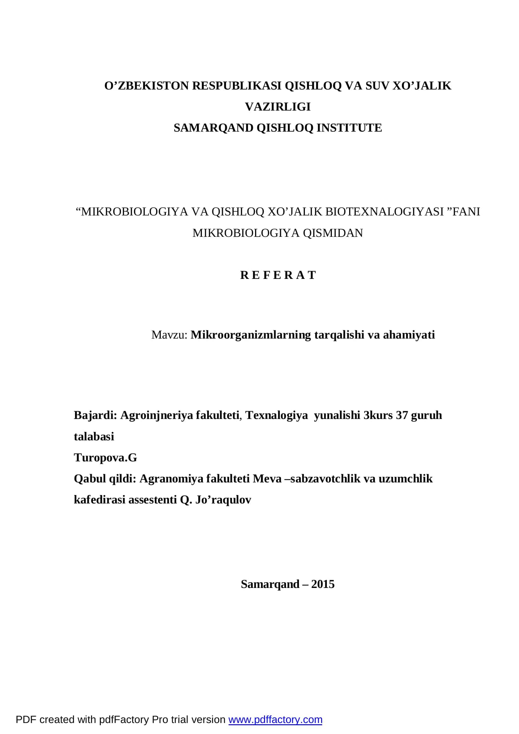 MIKROBIOLOGIYA VA QISHLOQ XO’JALIK BIOTEXNALOGIYASI 1