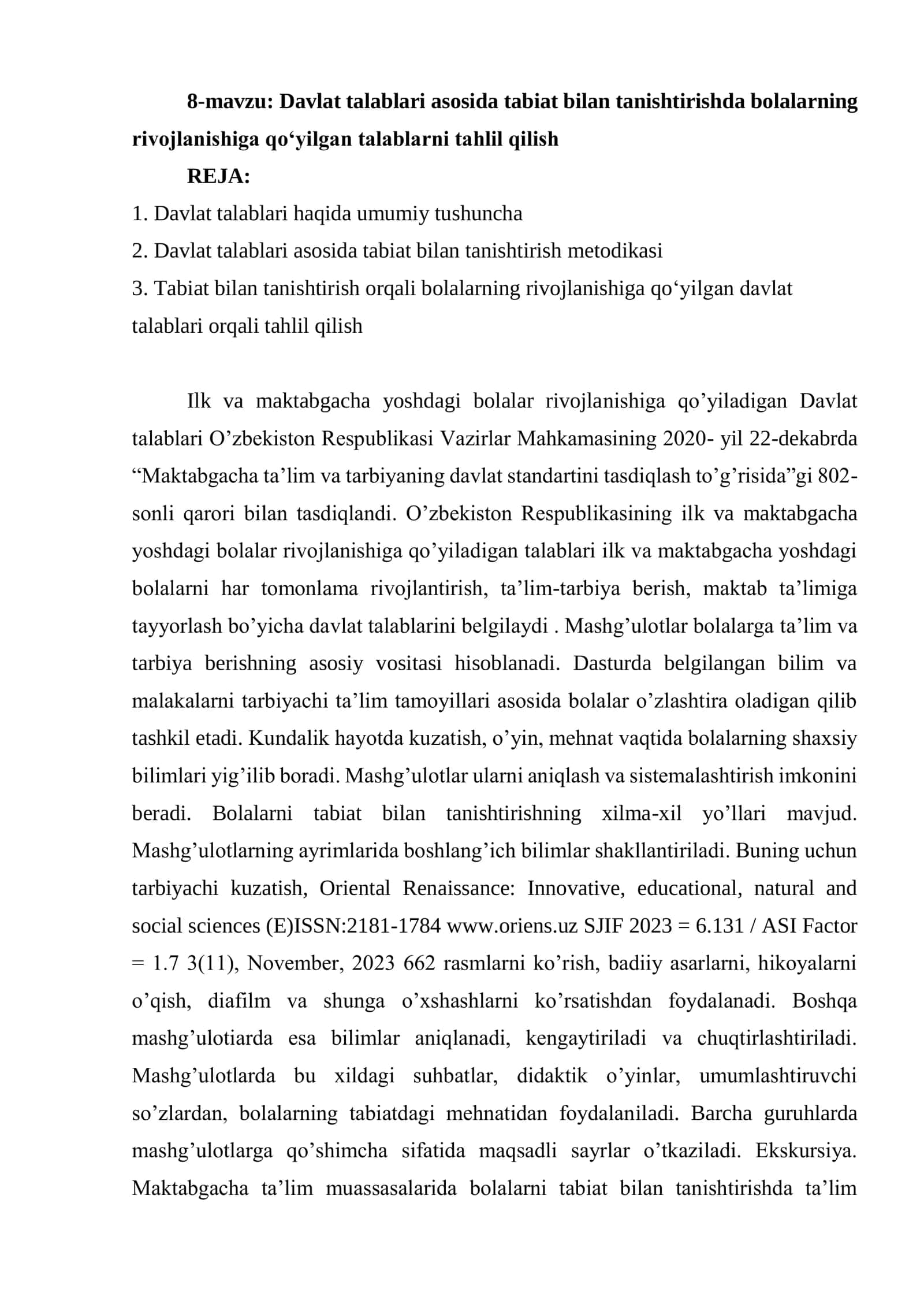 Davlat talablari asosida tabiat bilan tanishtirishda bolalarning rivojlanishiga qo‘yilgan talablarni tahlil qilish 1