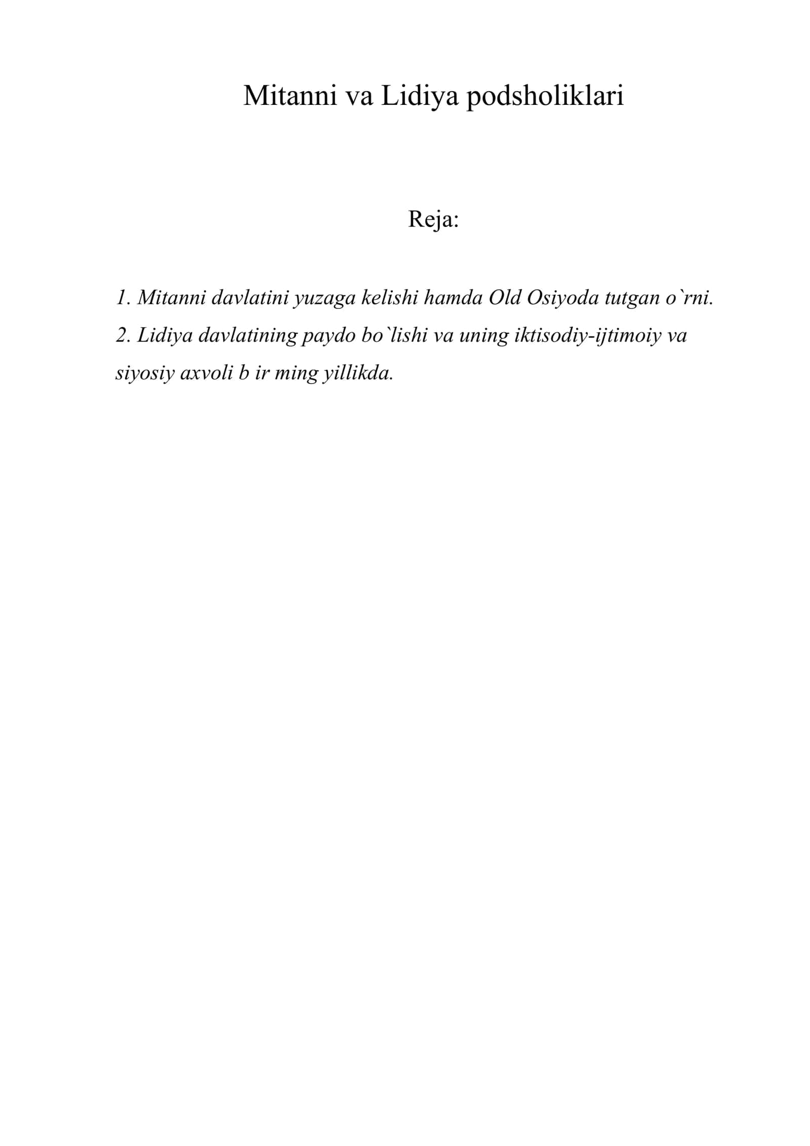 Mitanni va Lidiya podsholiklari 1