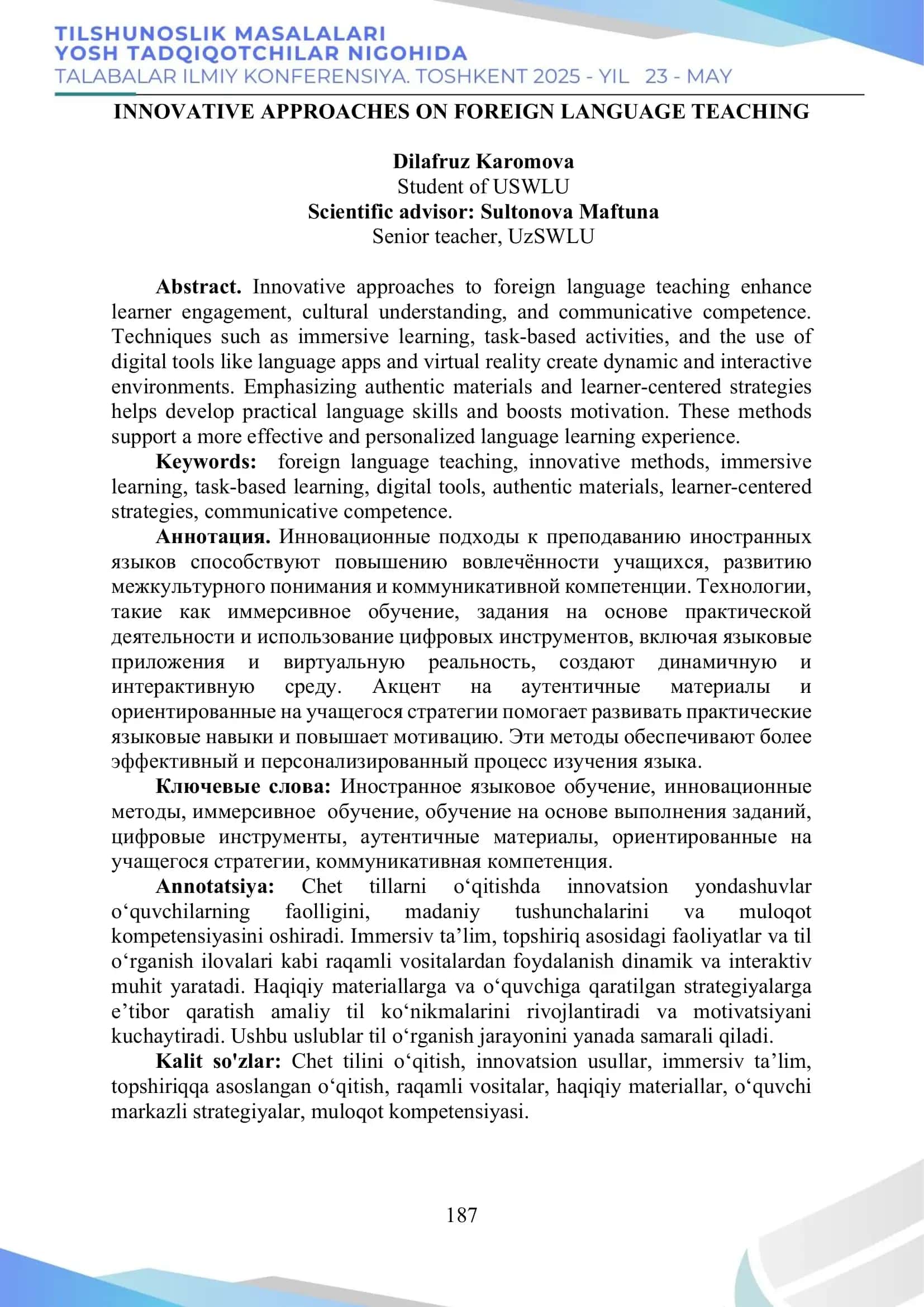Innovative Approaches on Foreign Language Teaching 1
