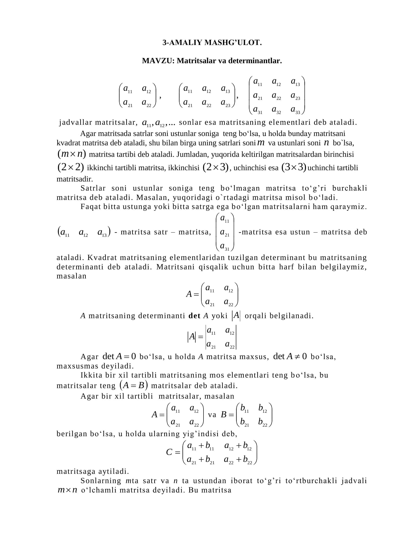 MATRITSALAR VA DETERMINANTLAR 1