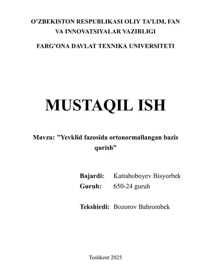 Yevklid fazosida ortonormallangan bazis qurish