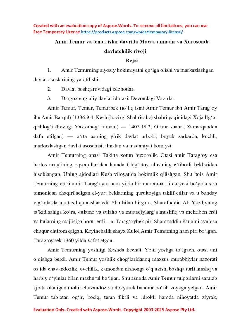 Amir Temur va temuriylar davrida Movaraunnahr va Xurosonda davlatchilik rivoji 1