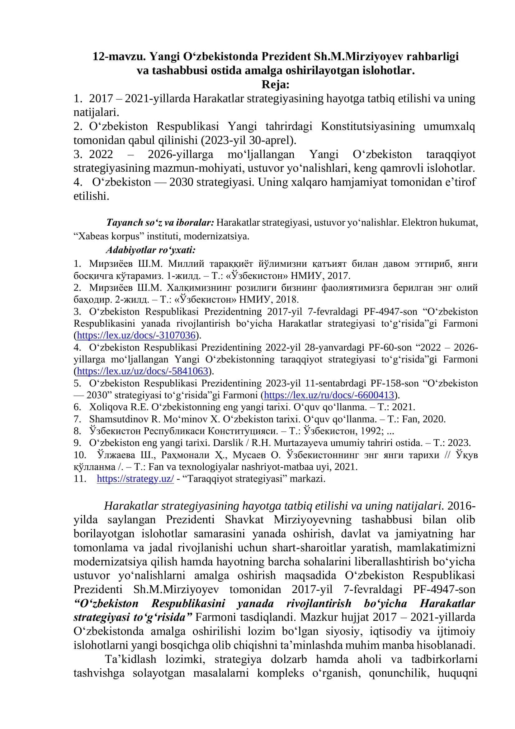 12-mavzu. Yangi O‘zbekistonda Prezident Sh.M.Mirziyoyev rahbarligi 1