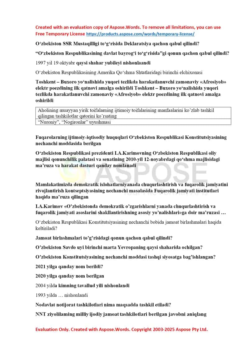 O‘zbekiston tarixi va siyosat savollari to‘plami 1