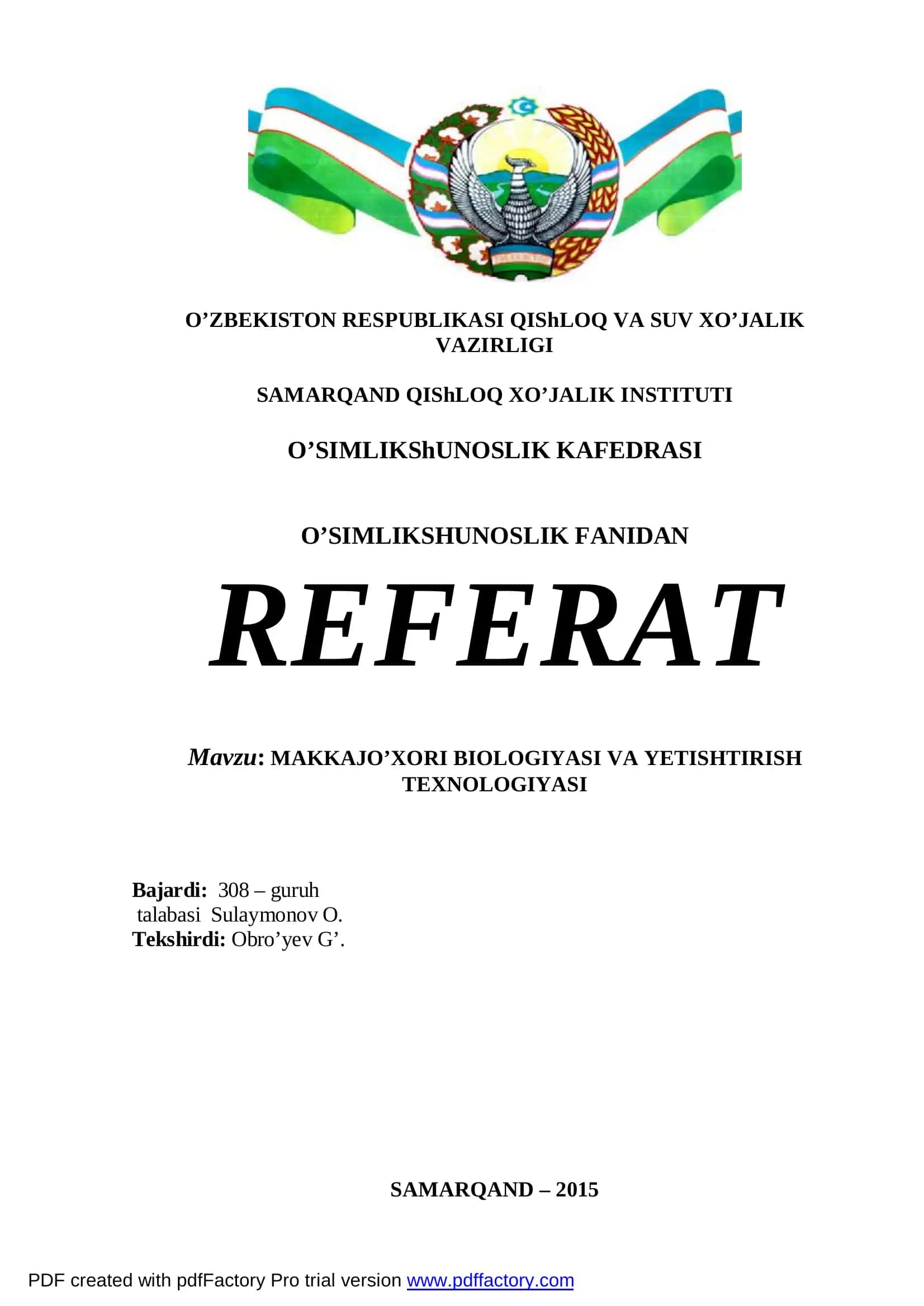 MAKKAJO’XORI BIOLOGIYASI VA YETISHTIRISH TEXNOLOGIYASI 1