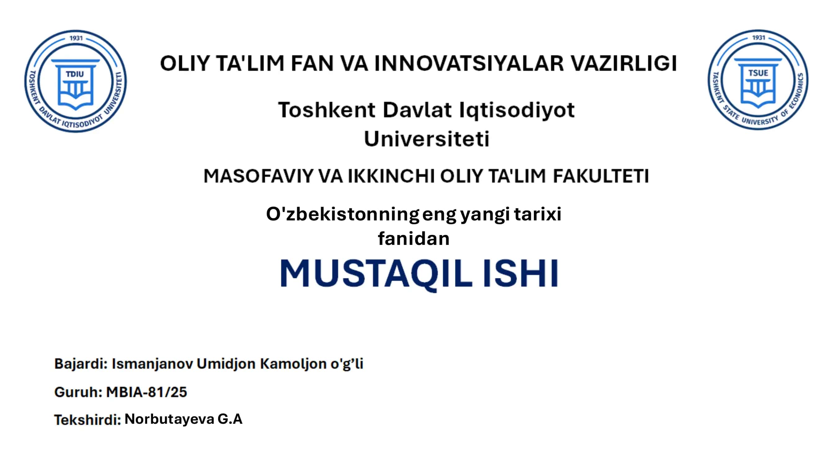 O'zbekistonning eng yangi tarixi 1