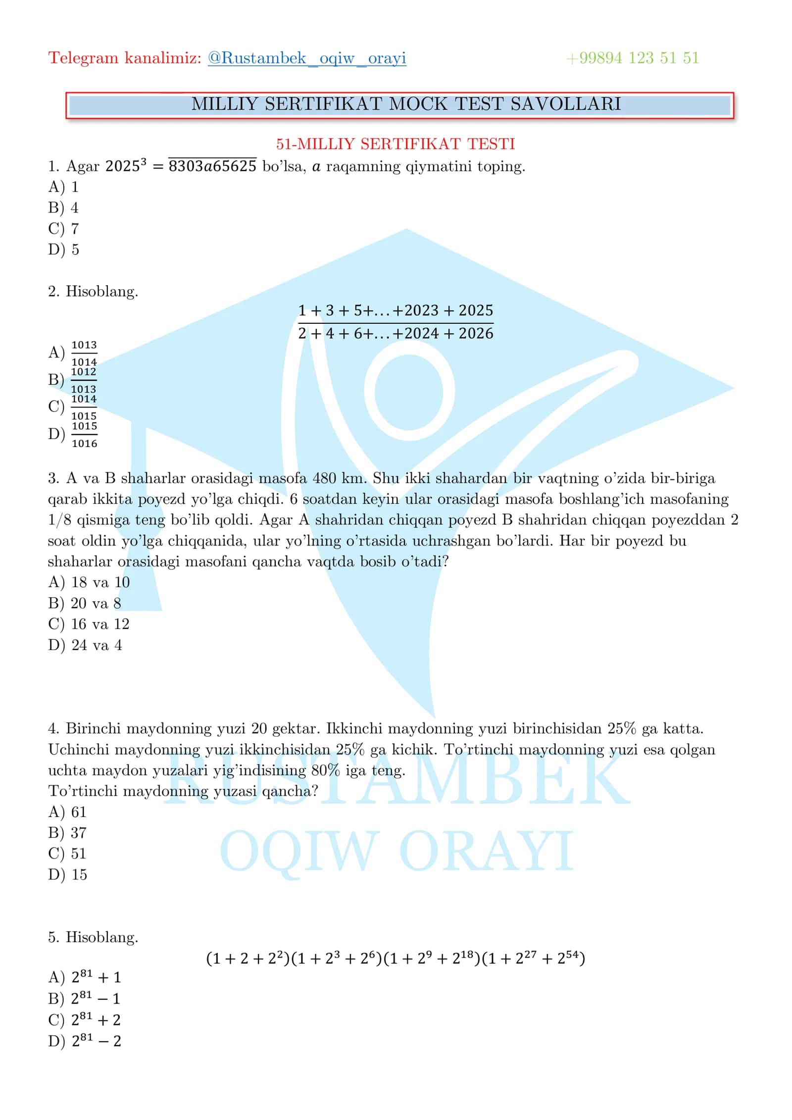 MILLIY SERTIFIKAT MOCK TEST SAVOLLARI 1