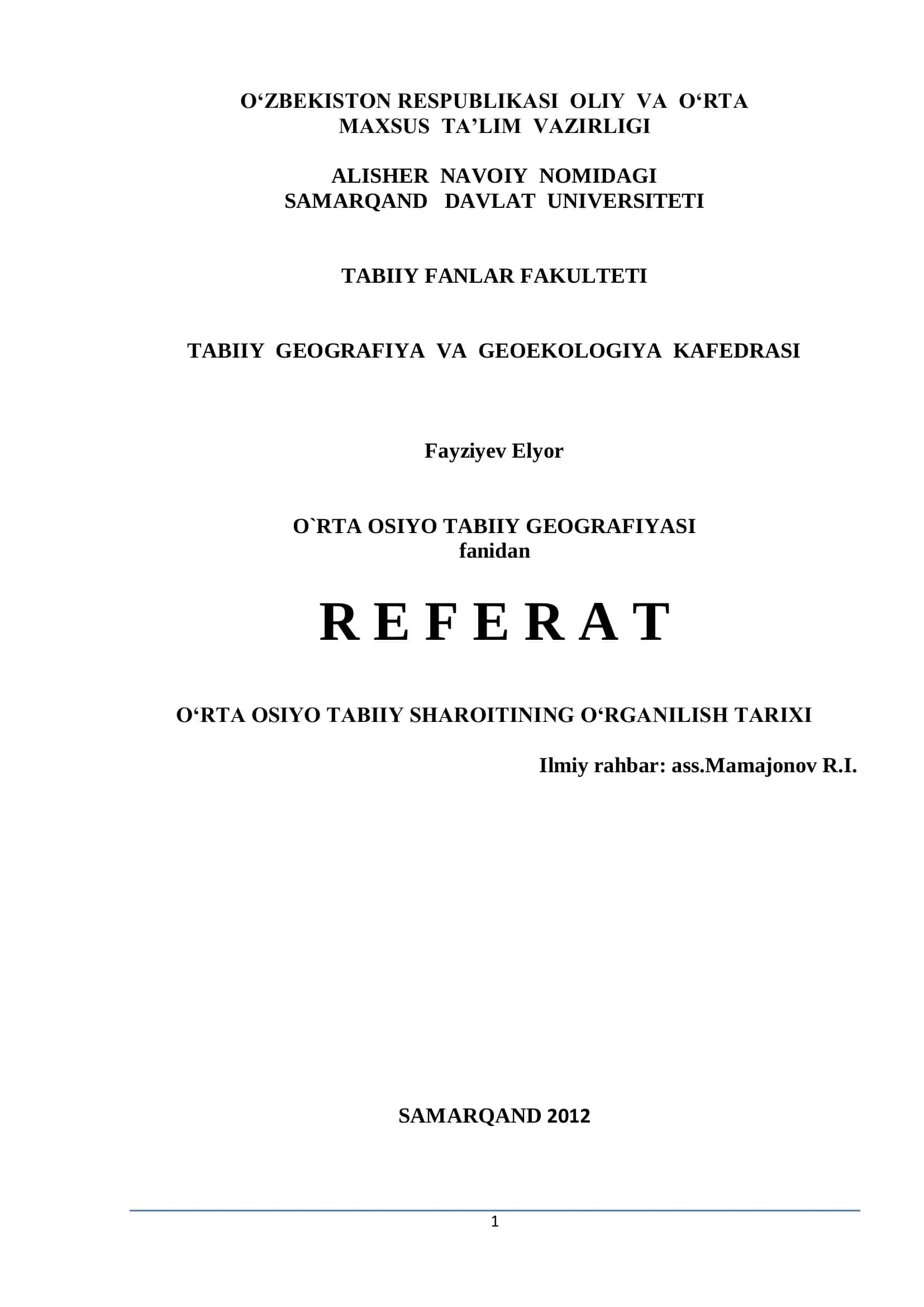O‘RTA OSIYO TABIIY SHAROITINING O‘RGANILISH TARIXI 1