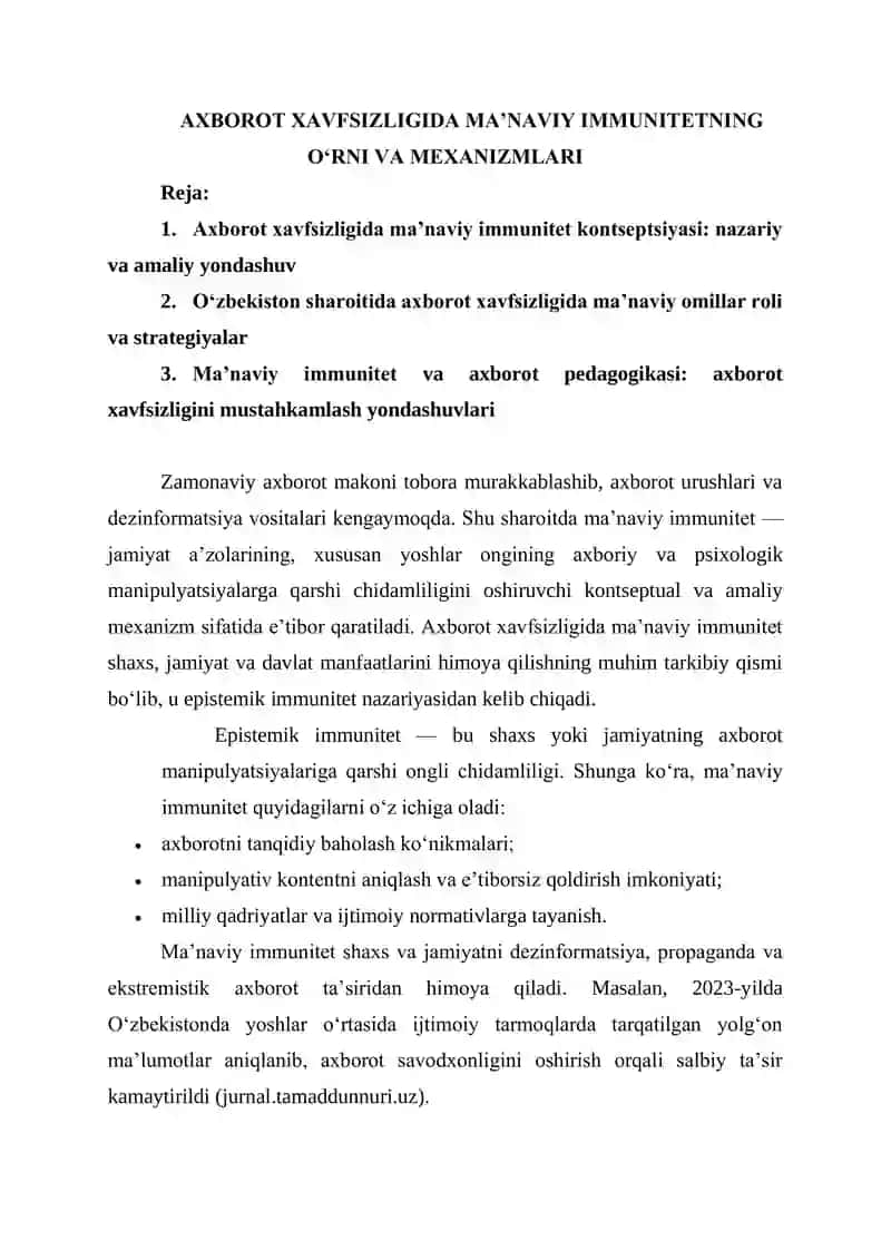 AXBOROT XAVFSIZLIGIDA MA’NAVIY IMMUNITETNING O‘RNI VA MEXANIZMLARI