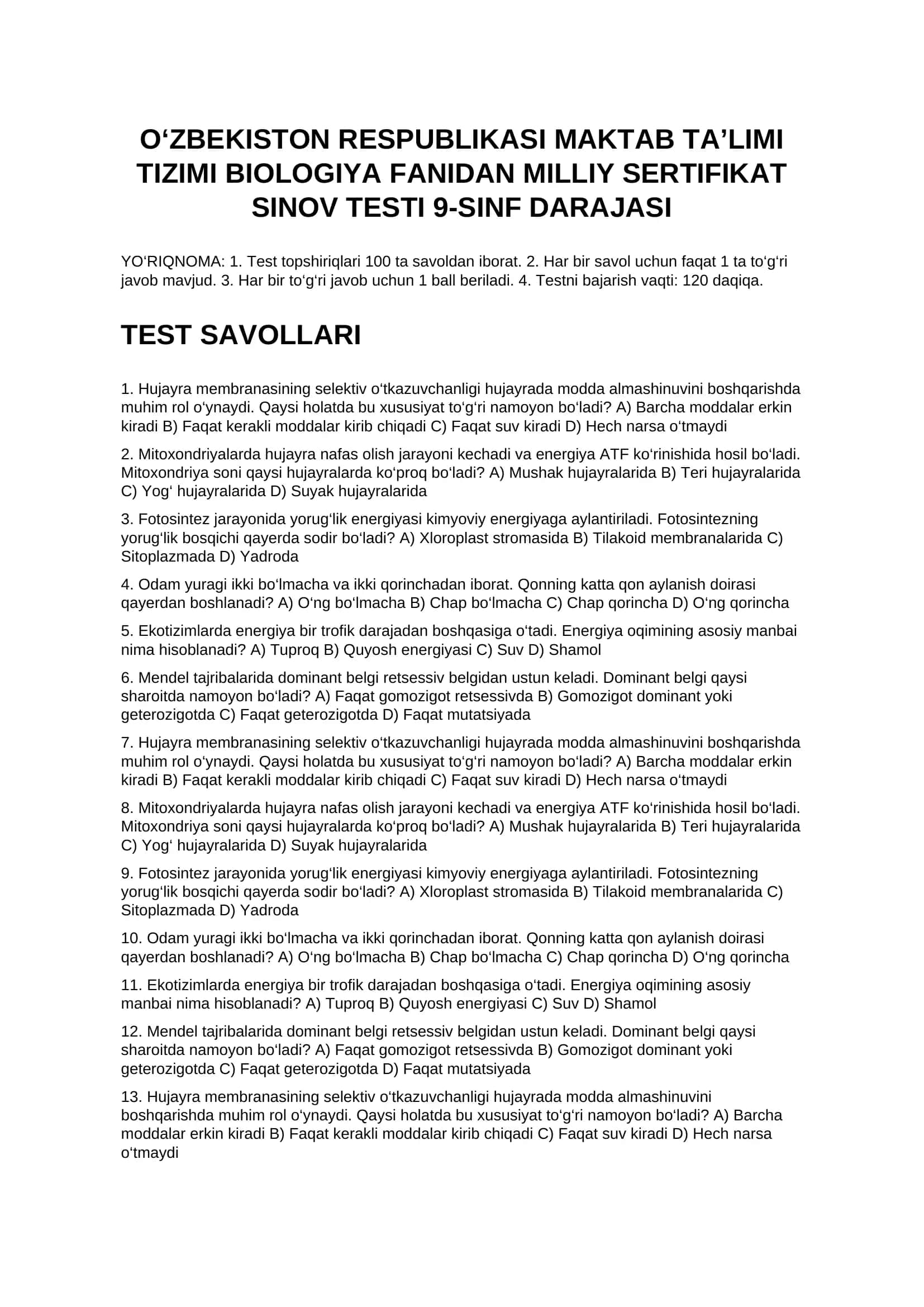 BIOLOGIYA FANIDAN MILLIY SERTIFIKAT SINOV TESTI 9-SINF DARAJASI 1