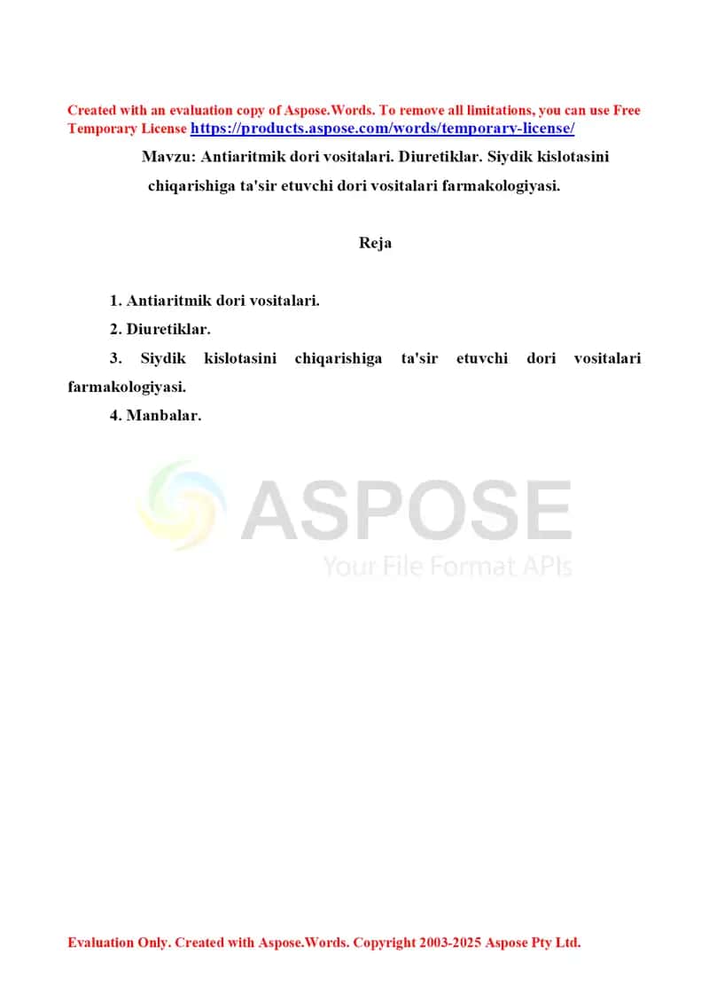Antiaritmik dori vositalari. Diuretiklar. Siydik kislotasini chiqarishiga ta'sir etuvchi dori vositalari farmakologiyasi. Referat 9 bet. 1