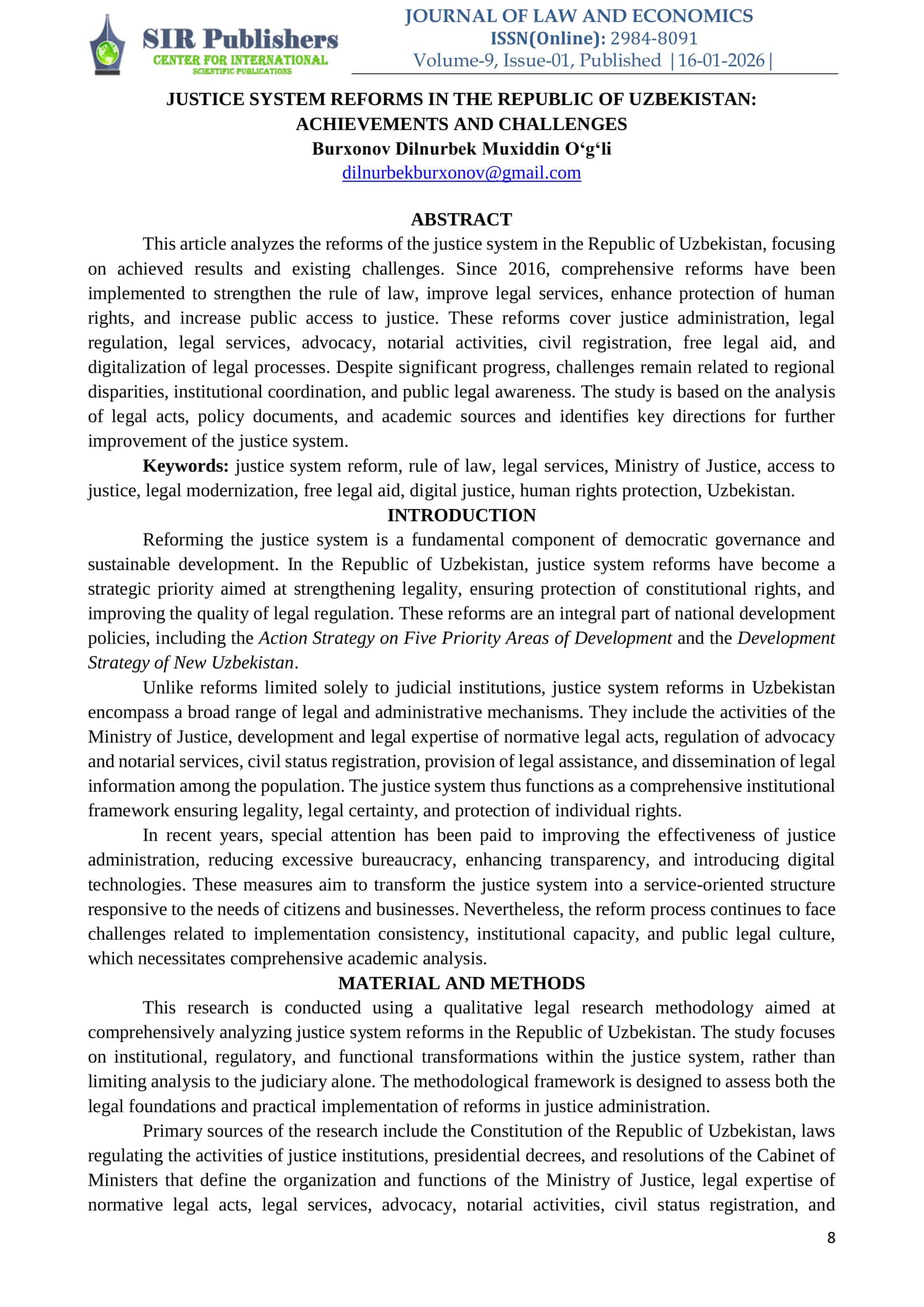 JUSTICE SYSTEM REFORMS IN THE REPUBLIC OF UZBEKISTAN 1