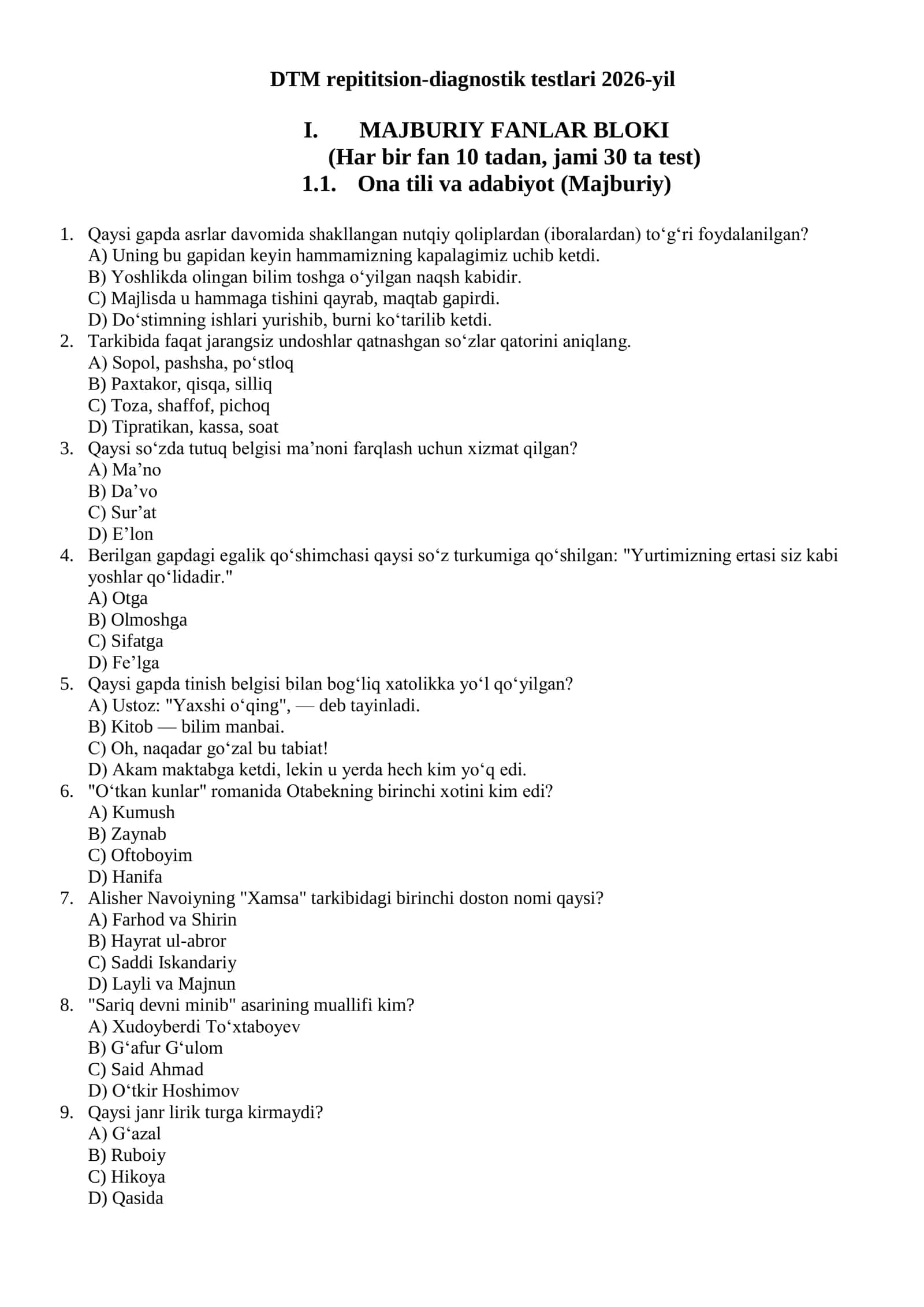DTM repititsion-diagnostik testlari 2026-yil 1