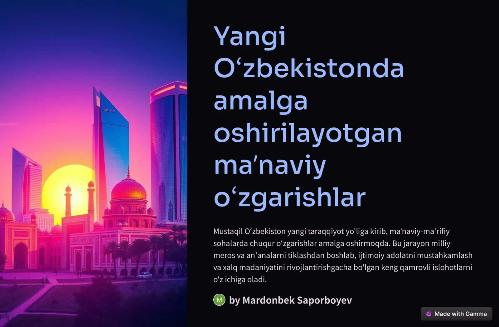 Oʻzbekistonda amalga oshirilayotgan maʼnaviy oʻzgarishlar 1