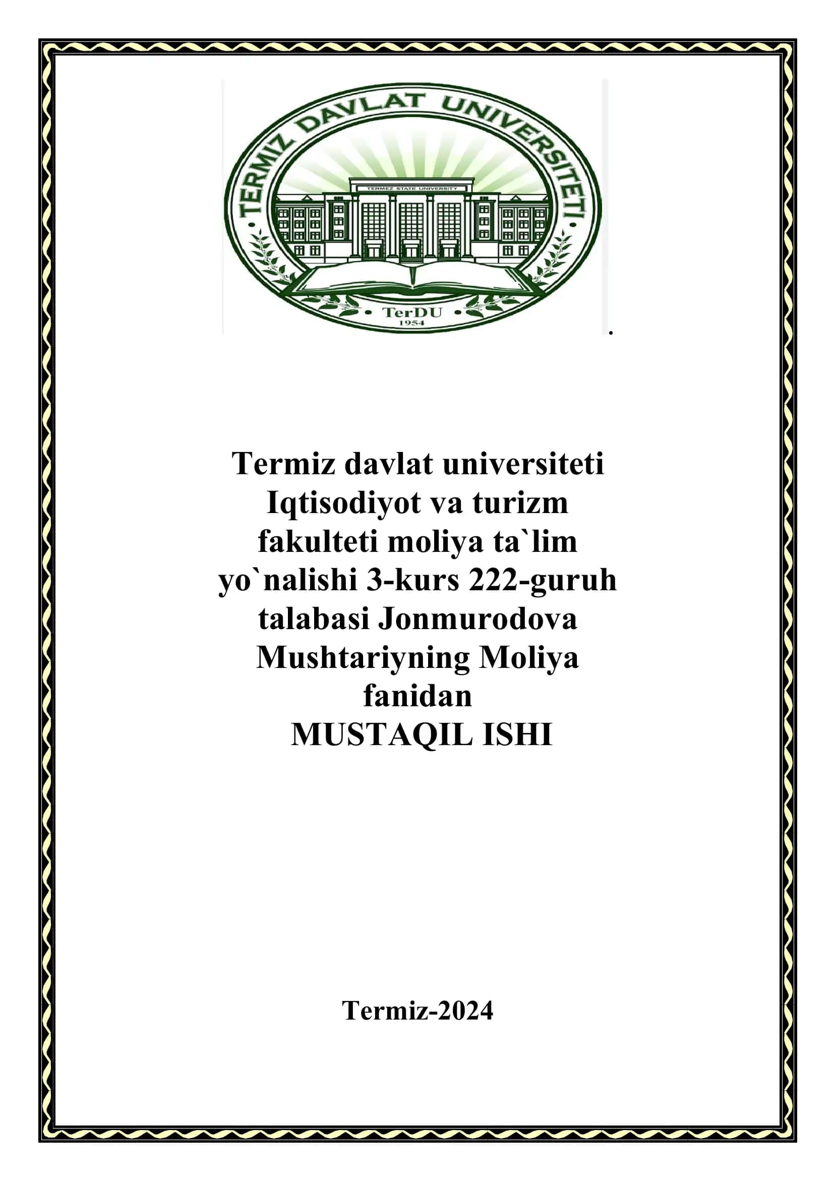 Mushtariyning Moliya fanidan MUSTAQIL ISHI 1